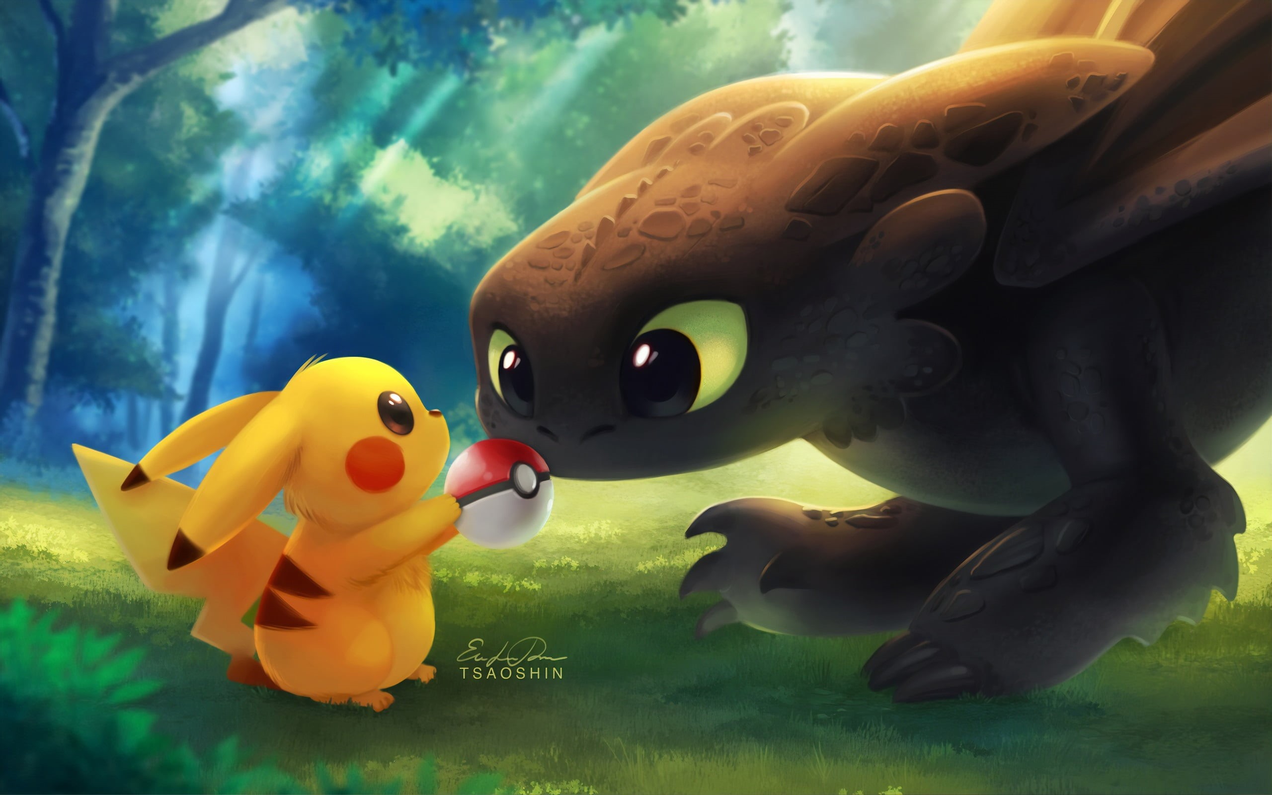 Poké Balls, 2K, How to Train Your Dragon, Pokéballs, Pokémon, artwork, Pikachu, Toothless, HD Wallpaper