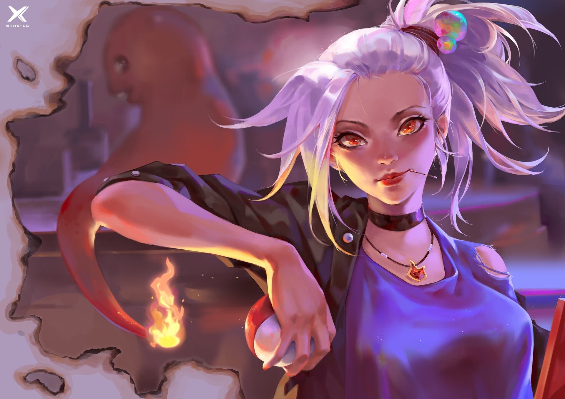 artwork, women, 1080P, Pokémon, fantasy art, fire, Charmander, white hair, Poké Balls, HD Wallpaper