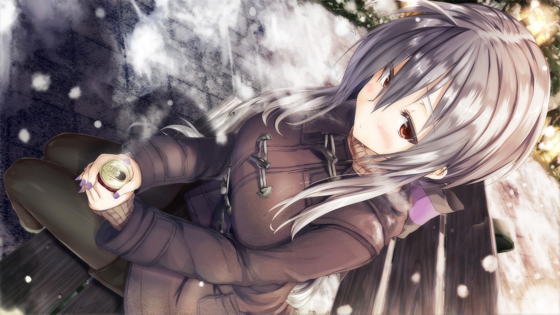 red eyes, Yowane Haku, blushing, bench, white hair, 1080P, anime girls, anime, coffee, HD Wallpaper