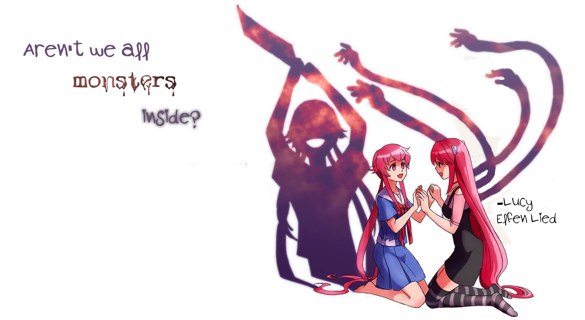 creativity, group of people, indoors, men, text, western script, young men, Mirai Nikki, young women, Lucy (Elfen Lied), full length, anime, standing, 1080P, HD Wallpaper