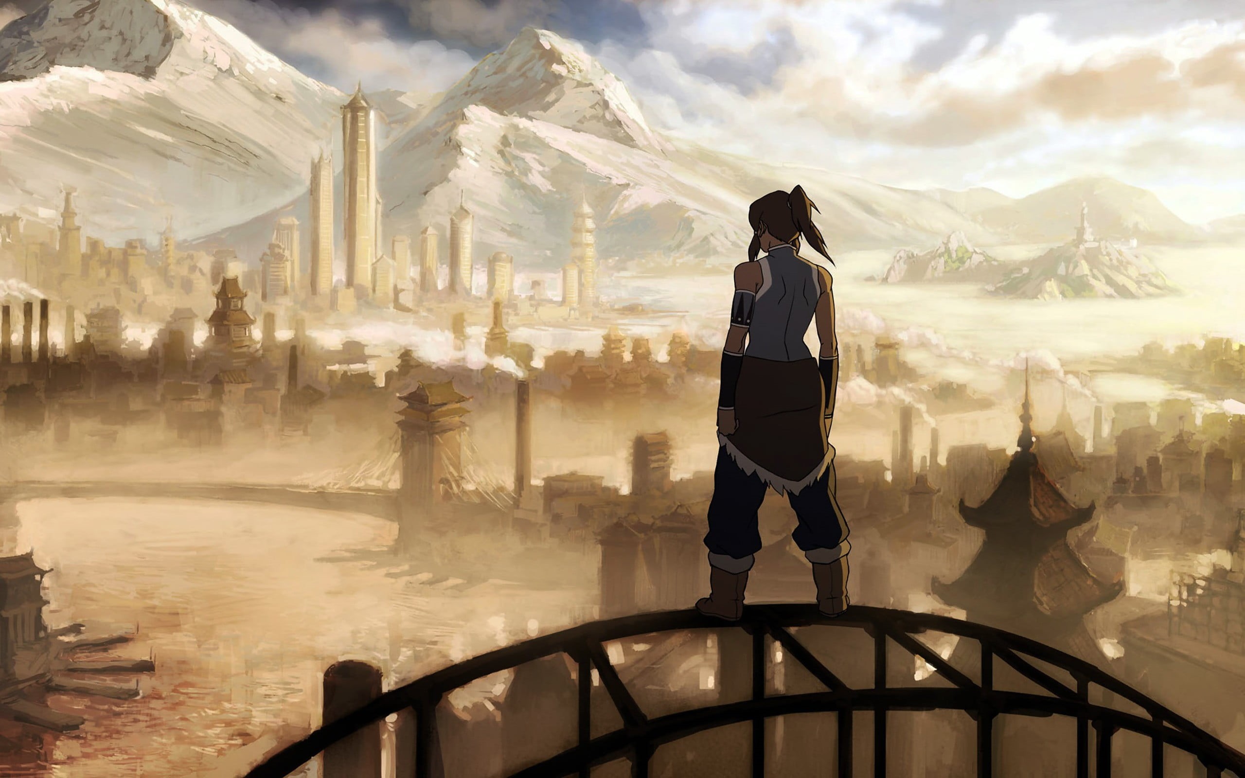 looking into the distance, 2K, legend, lifestyles, looking at view, leisure activity, Korra, sunlight, mountain range, standing, architecture, fantasy city, HD Wallpaper