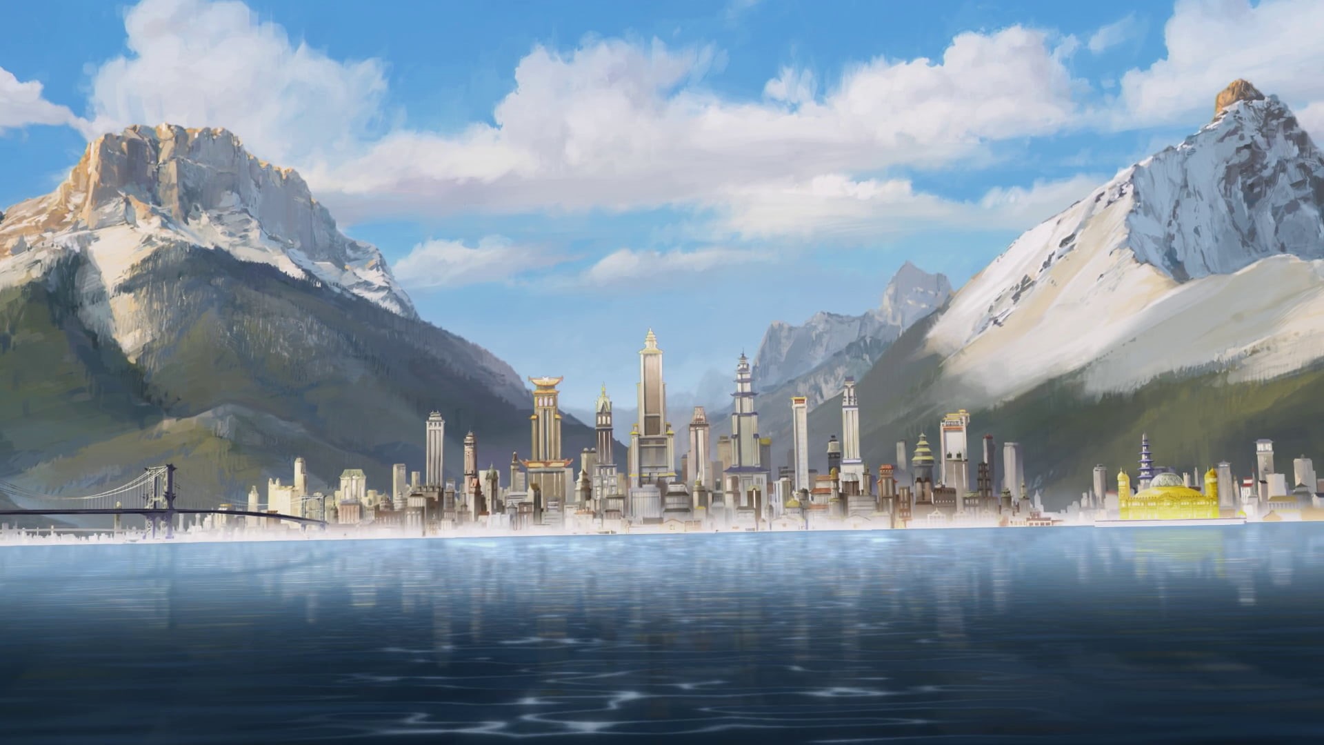 sky, The Legend of Korra, skyscraper, bridge, architecture, digital art, mountain range, scenics, built Structure, 1080P, painting, landscape, no people, HD Wallpaper