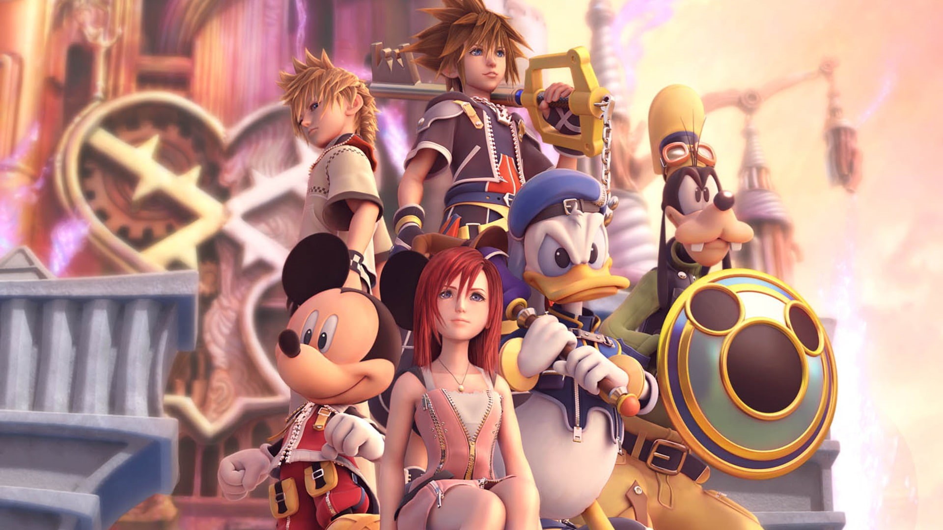 company, sora, art, goofy, roxas, hd, kingdom, Kingdom Hearts, kairi, donald, 1080P, Disney Company, hearts, duck, disney, mouse, ducks, mickey, x, animals, HD Wallpaper