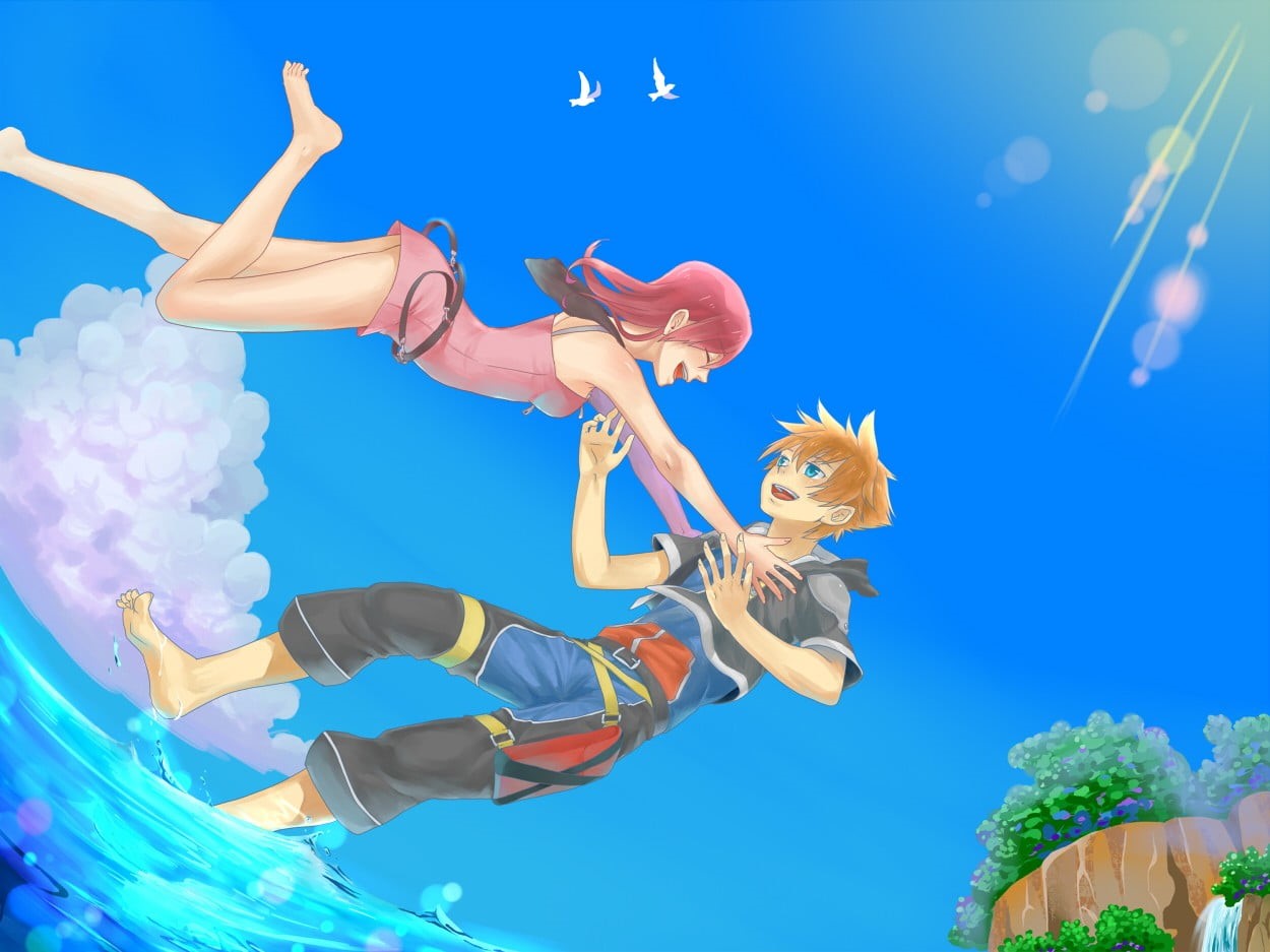 Kairi, child, water, positive emotion, blue, nature, barefoot, anime girls, motion, cheerful, video games, digital composite, 480P, Sora (Kingdom Hearts), HD Wallpaper