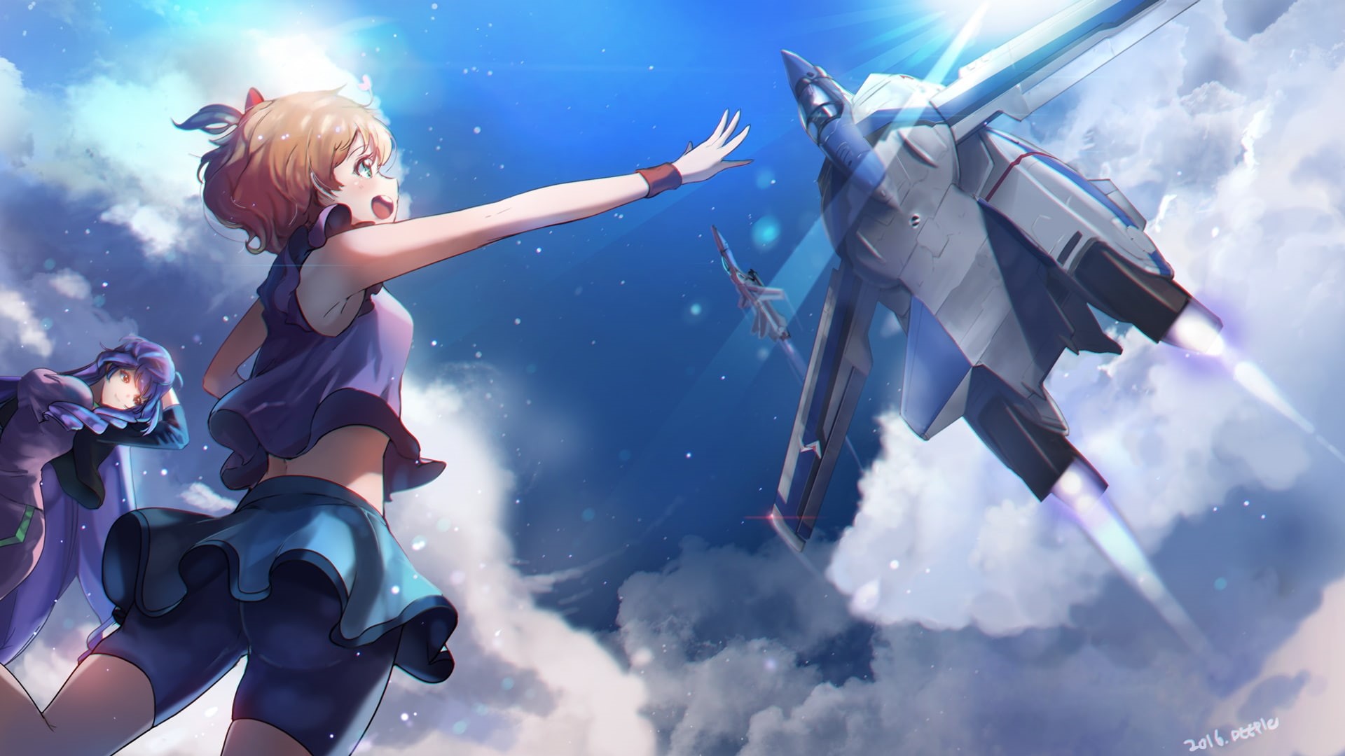 mikumo guynemer, young adult, nature, cloud - sky, human arm, beautiful woman, beauty, real people, blue, females, mecha, sky, 1080P, adult, low angle view, HD Wallpaper