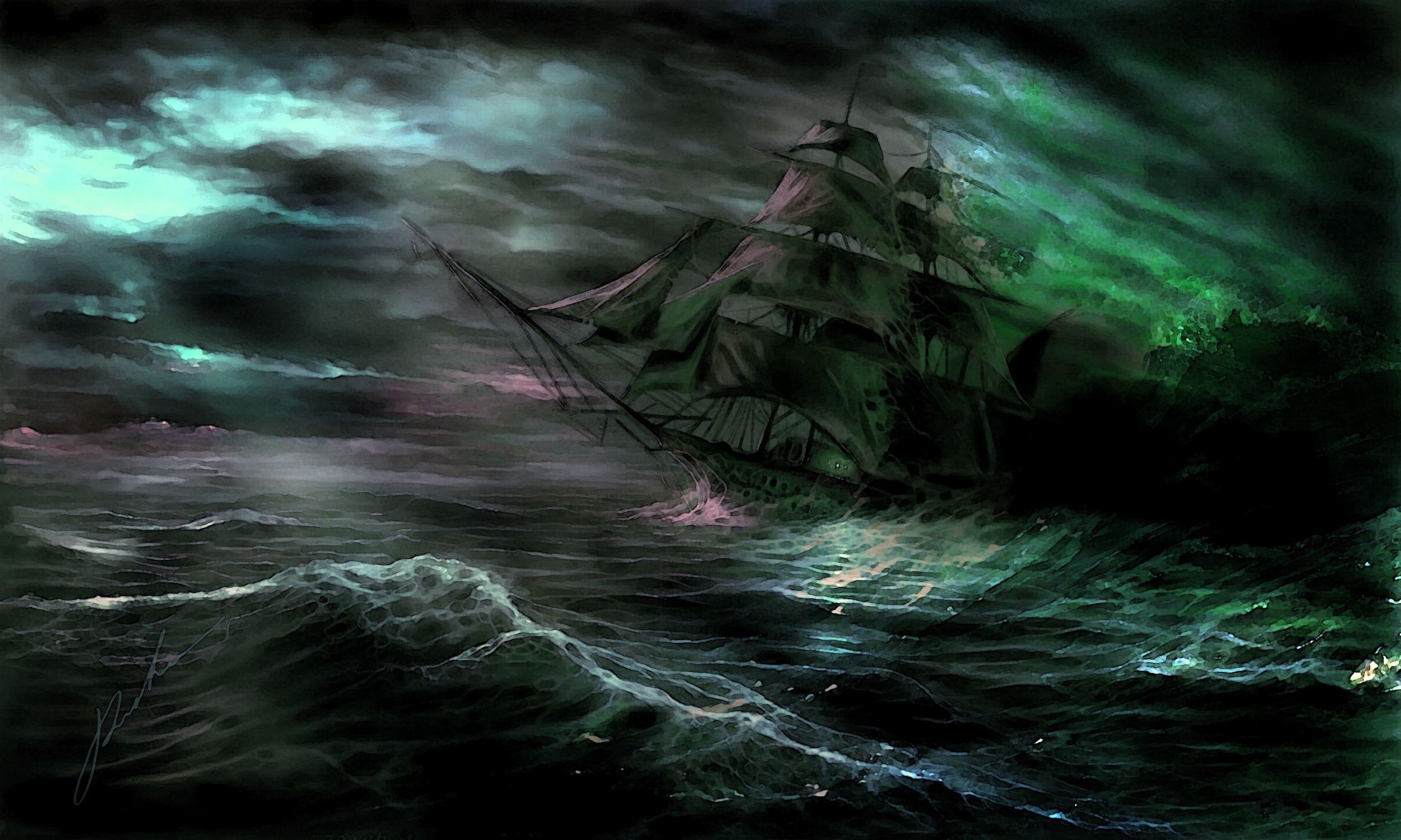 1080P, dark, ocean, ship, gloomy, boat, boats, painting, ghost, HD Wallpaper