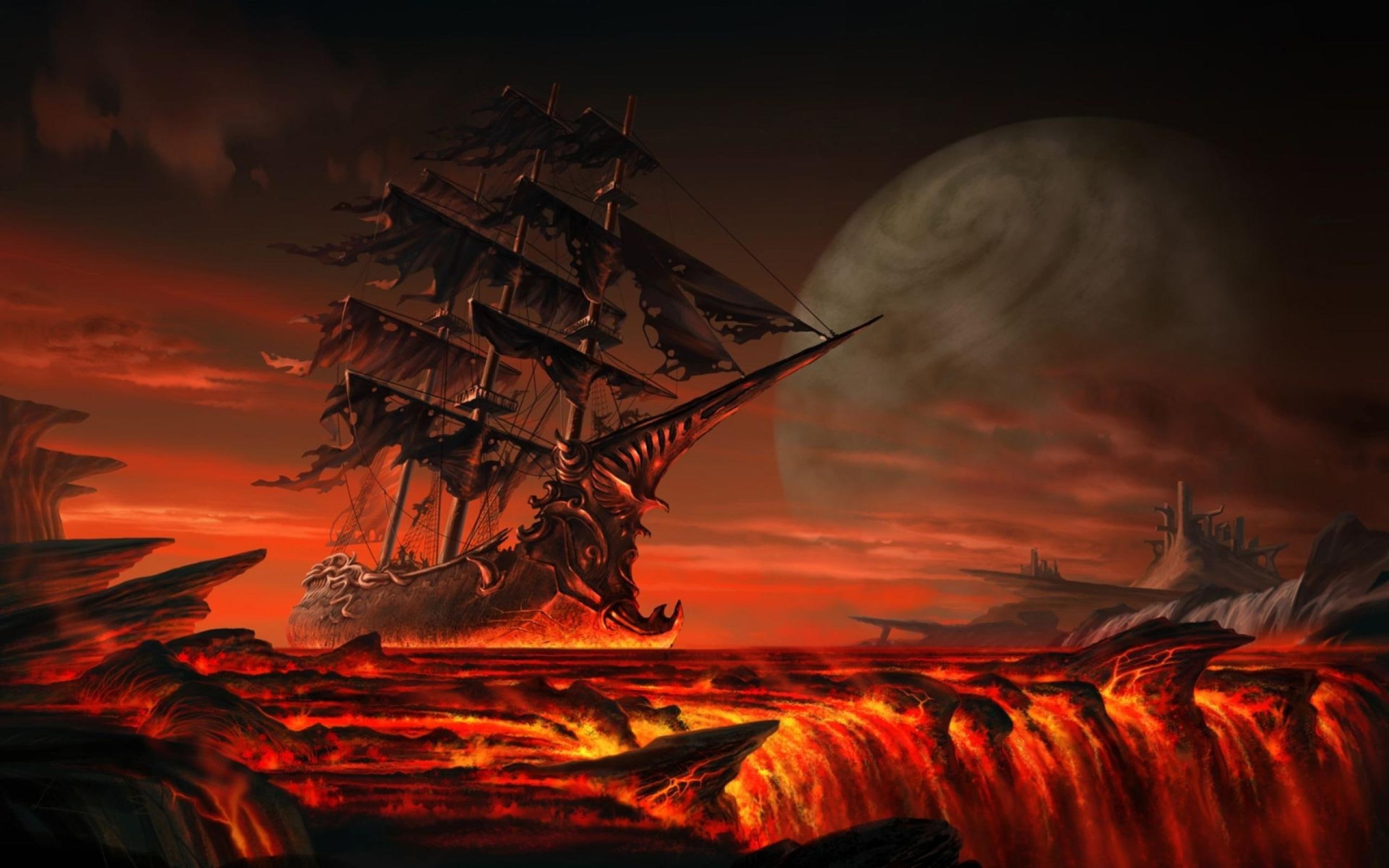 boat, sea of flames, lava, heat, smoke, fire, hearth, hell, ghost, ocean, navy, tattered, magma, ship, 2K, HD Wallpaper