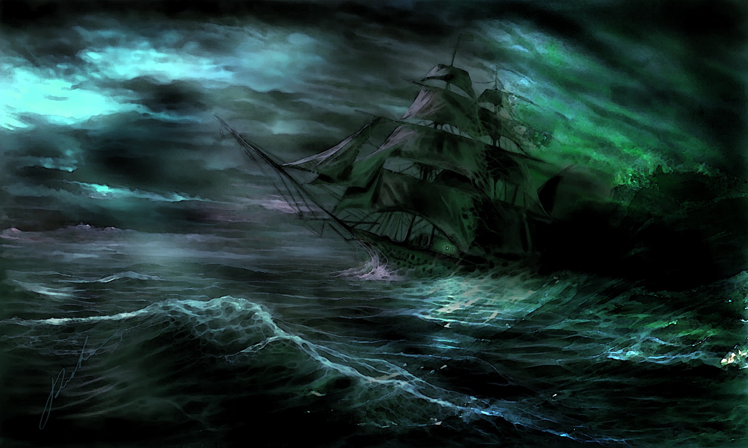 nautical Vessel, blue, fractal, night, nature, light - Natural Phenomenon, scenics - nature, sea, illustration, wave, 1080P, motion, water, aquatic sport, HD Wallpaper