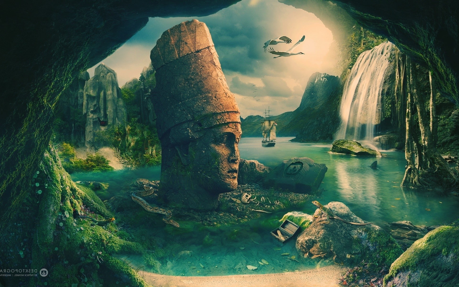 tree, rock, human representation, architecture, sculpture, no people, male likeness, rock - object, nature, ghost ship, travel, Fantasy, day, tranquility, HD Wallpaper