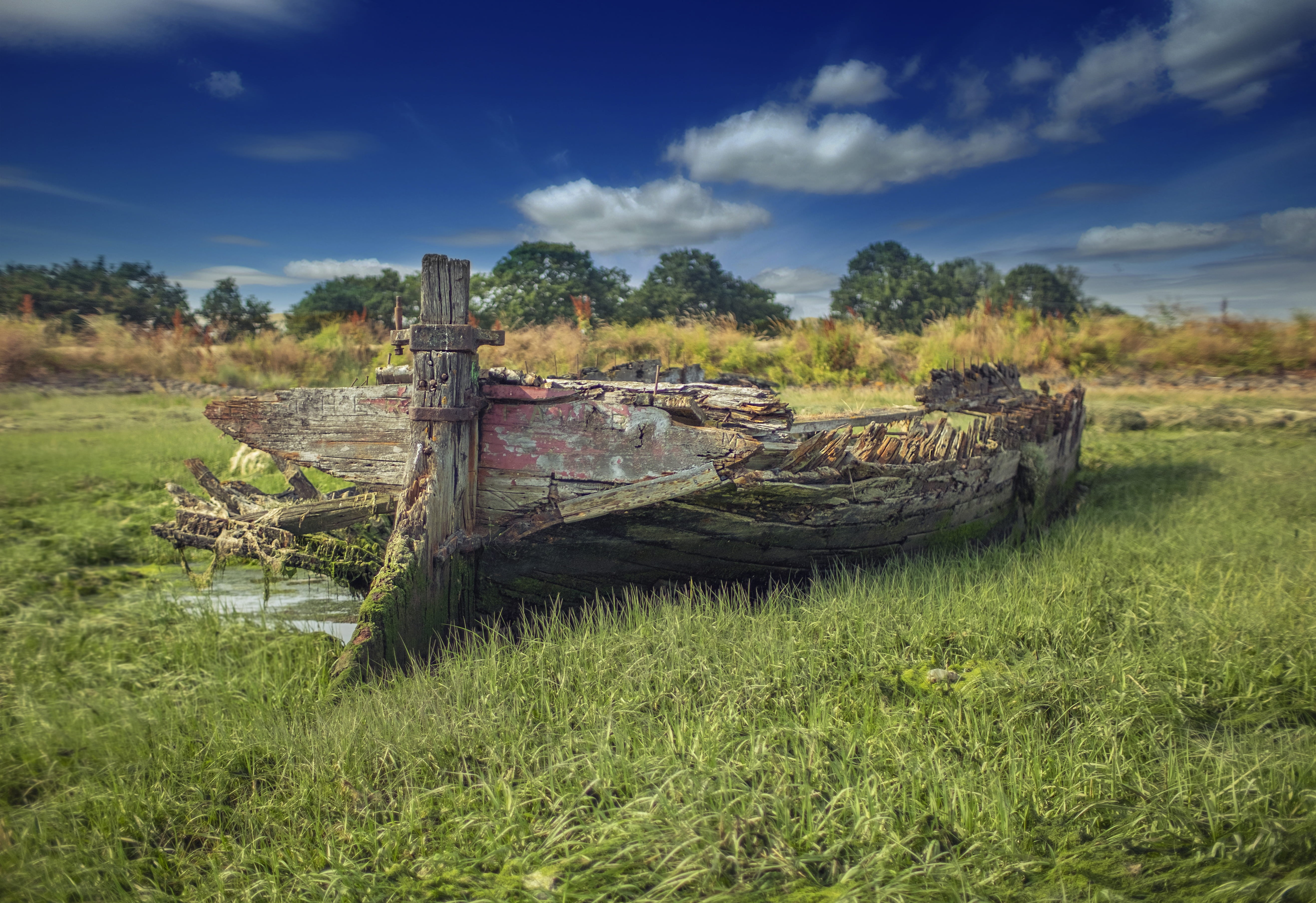 water, transportation, cloud - sky, vessel, decline, run-down, ghost ship, land, ruined, obsolete, landscape, day, nature, field, united kingdom, abandoned, HD Wallpaper