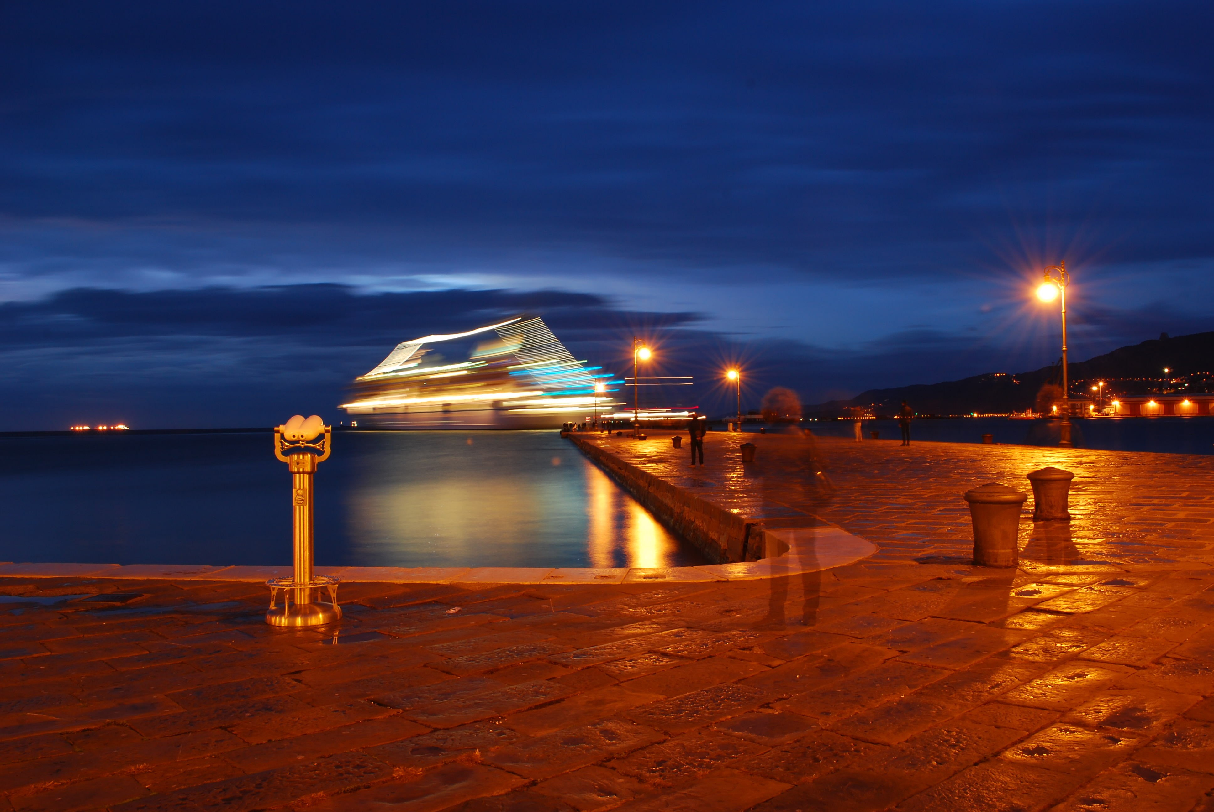 ghost  ship, sunset, stream, white, ocean, long exposure, clouds, trieste, farewell, architecture, dusk, cruise, mosso, ship, creative commons, people, HD Wallpaper