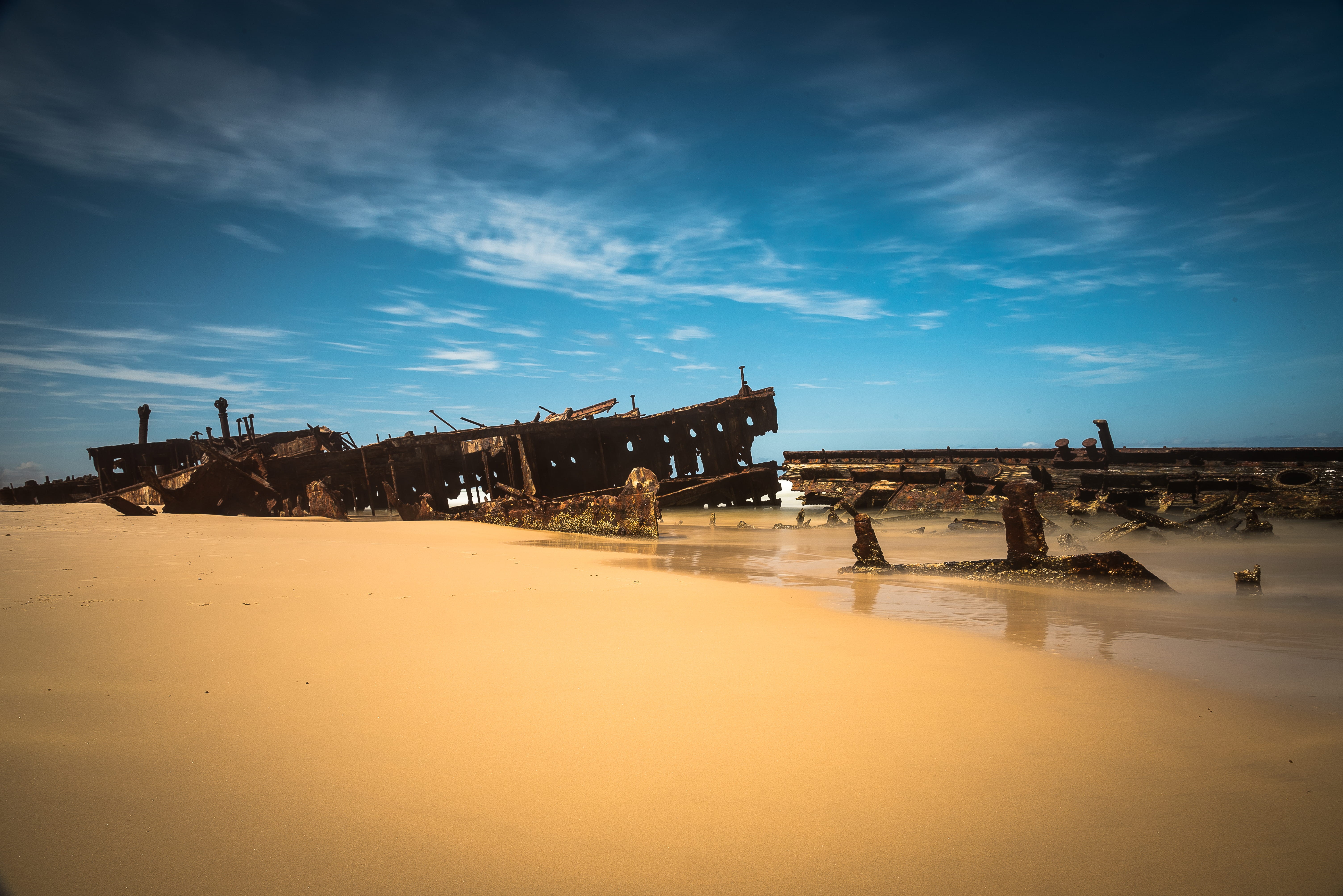 long exposure, no people, day, ocean, architecture, building, building exterior, shipwreck, travel destinations, beach, sky, history, land, fraser island, HD Wallpaper