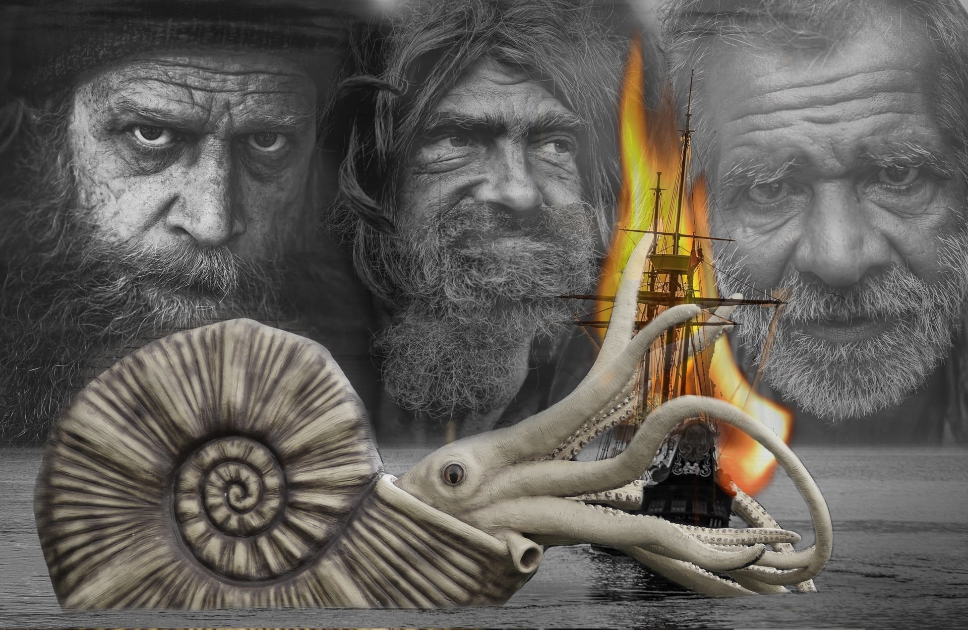 danger, fish, tentacle, boat, the past, sculpture, nature, sea, aquatic, no people, storming, venomous, outdoors, predator, arson, male likeness, battle, HD Wallpaper