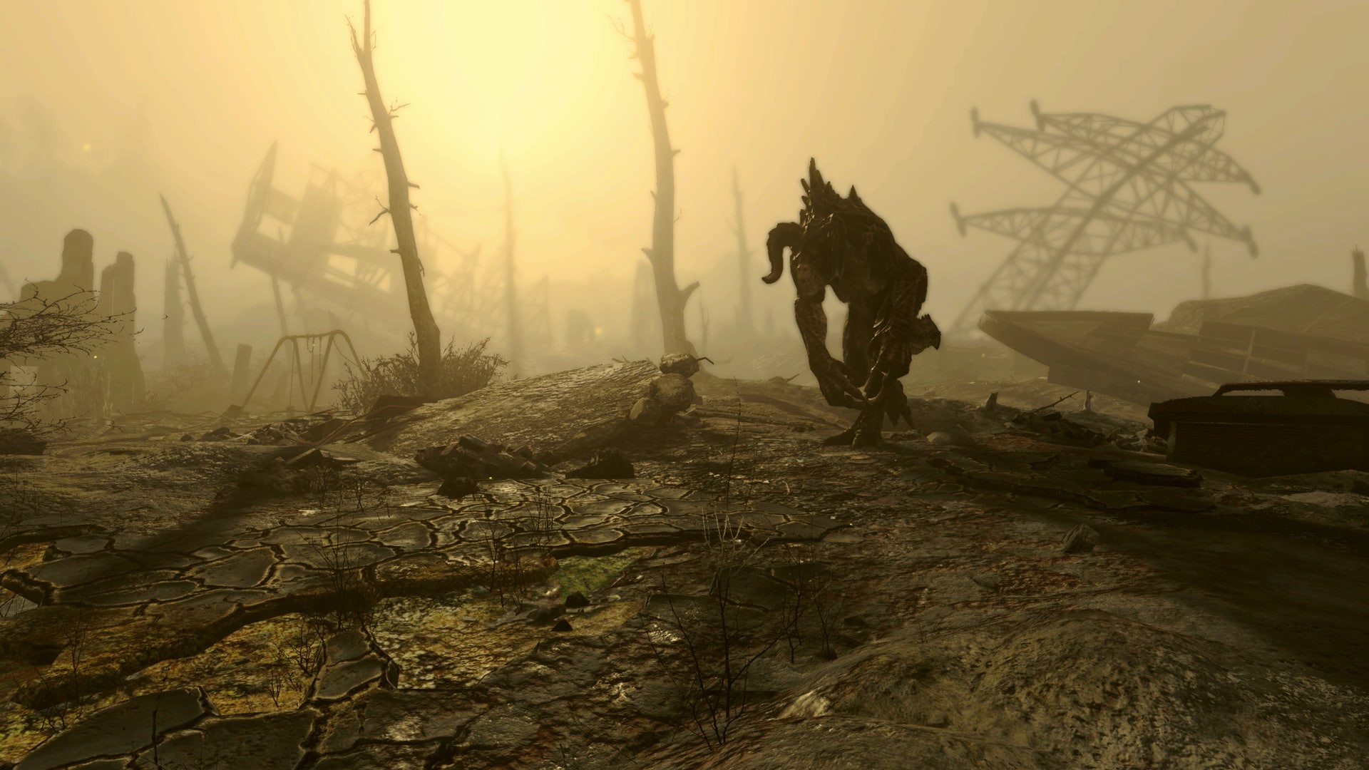 1080P, domestic, land, domestic animals, sunset, sky, fog, mode of transportation, outdoors, silhouette, Fallout 4, livestock, people, Deathclaw, pets, HD Wallpaper