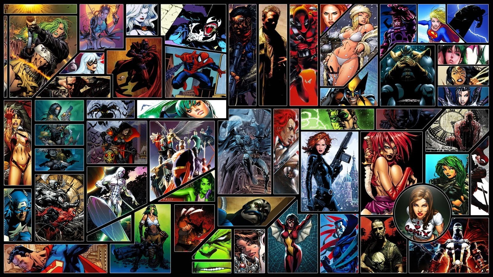 poster, Marvel Comics, representation, mural, indoors, graffiti, art and craft, female likeness, Spider-Woman, Silver Surfer, male likeness, human representation, HD Wallpaper