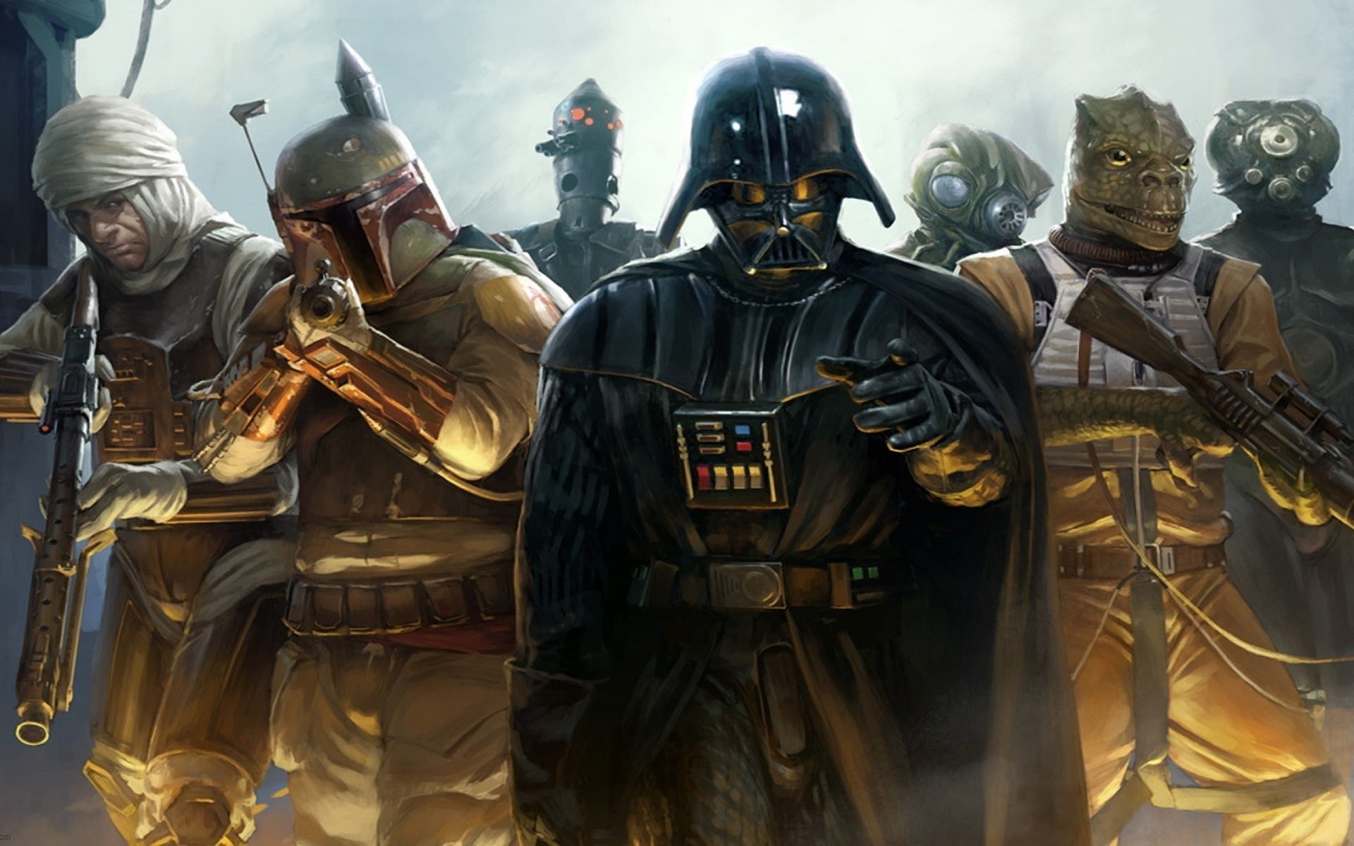 1080P, Dengar, science fiction, Boba Fett, concept art, B1 Battle Droid, 4-LOM, Star Wars, bounty hunter, Darth Vader, artwork, Zuckuss, Bossk, HD Wallpaper