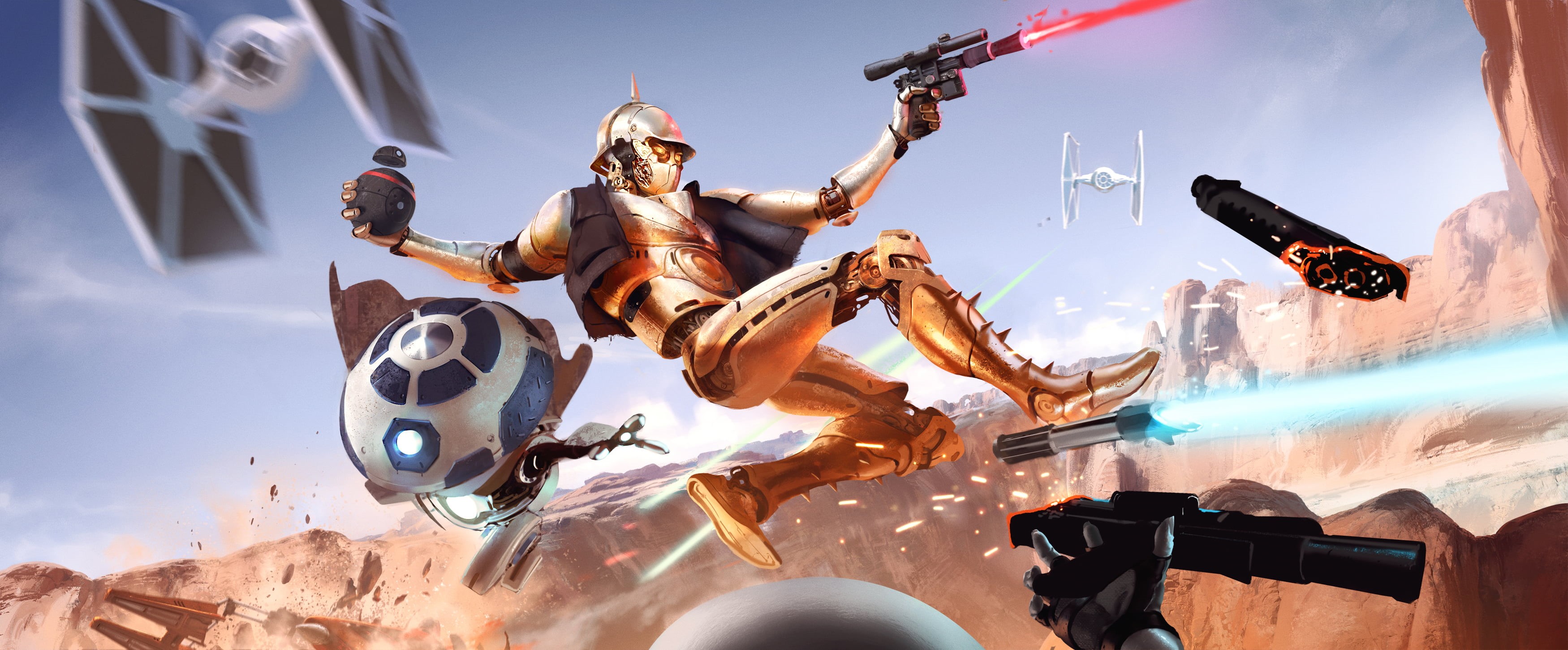 C-3PO, Star Wars, fan art, Carlos Villa, R2-D2, 2K, droids, HD Wallpaper