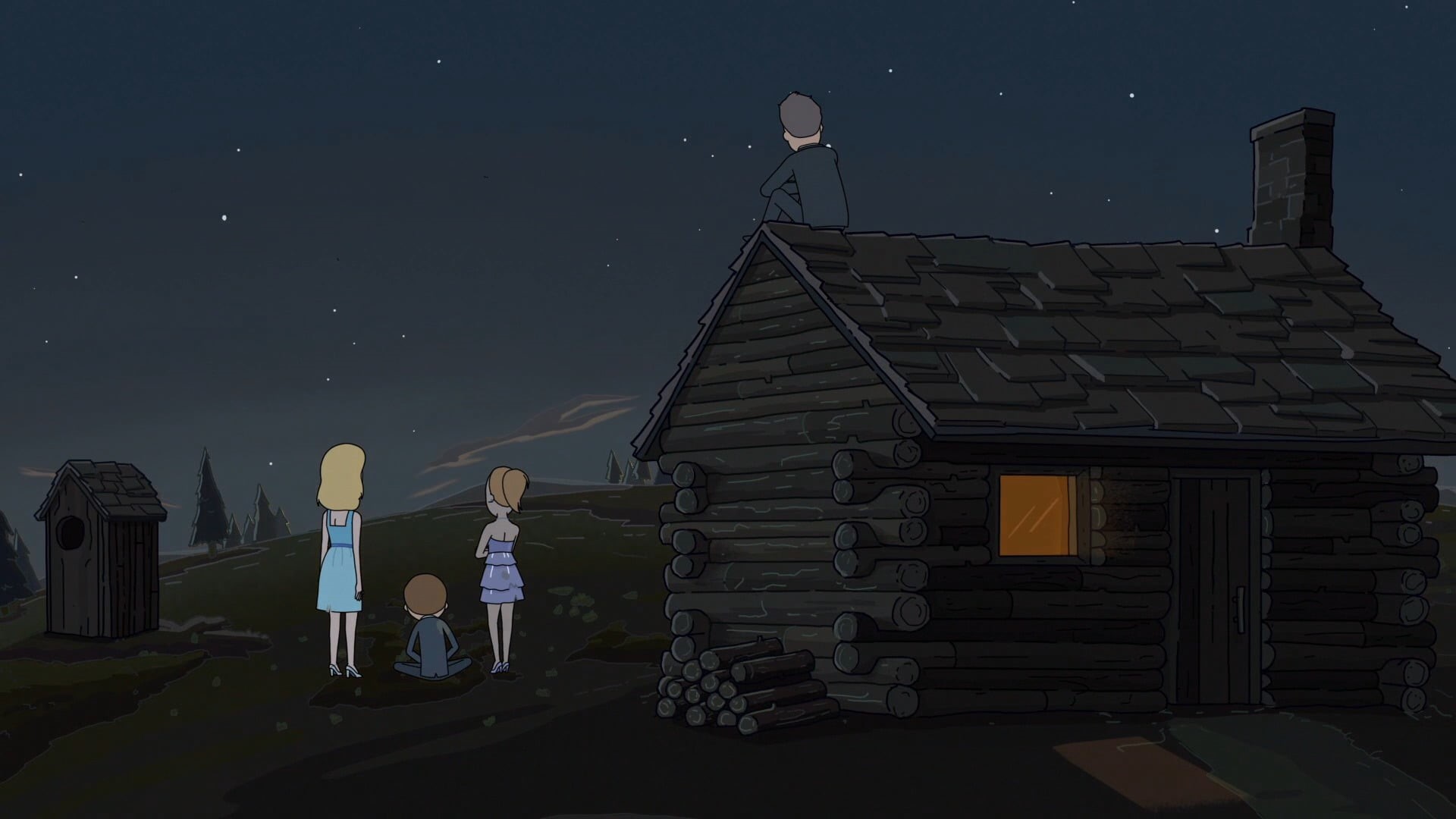 log, night, 1080P, outdoors, star, building, space, low angle view, no people, science, built structure, Rick and Morty, cartoon, illuminated, moonlight, HD Wallpaper