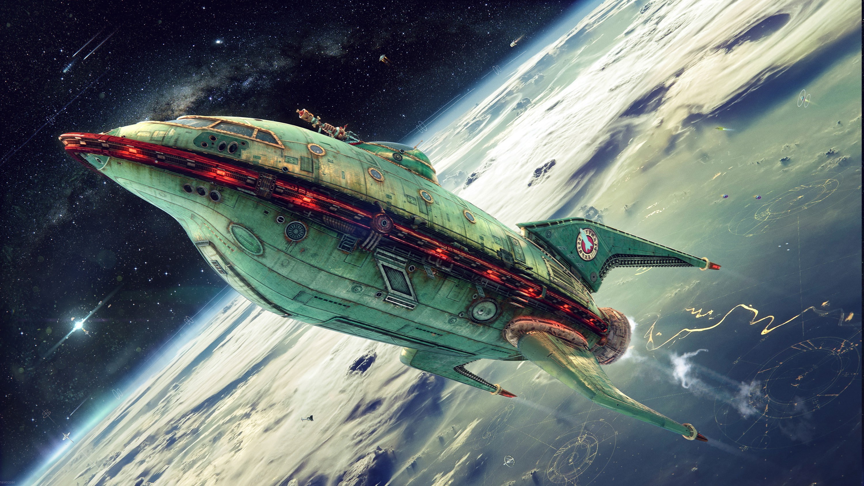 Futurama, sky, transportation, water, motion, green color, air vehicle, sea, nautical vessel, travel, exploration, space, aquatic sport, 2K, day, tilt, HD Wallpaper