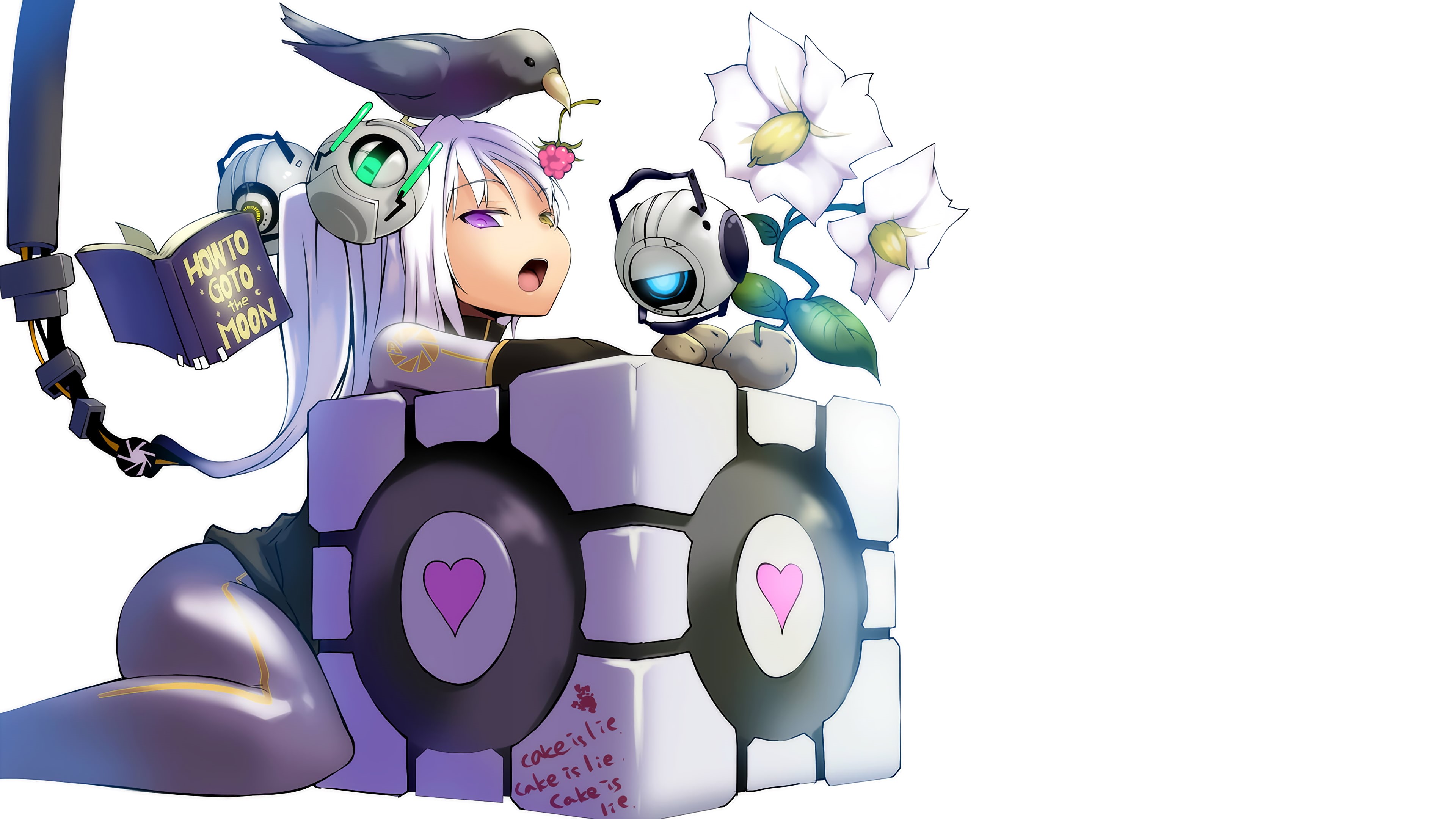 anime girls, simple background, GLaDOS, Companion Cube, white skin, humor, 4K, Aperture Laboratories, anime, white background, Portal (game), HD Wallpaper