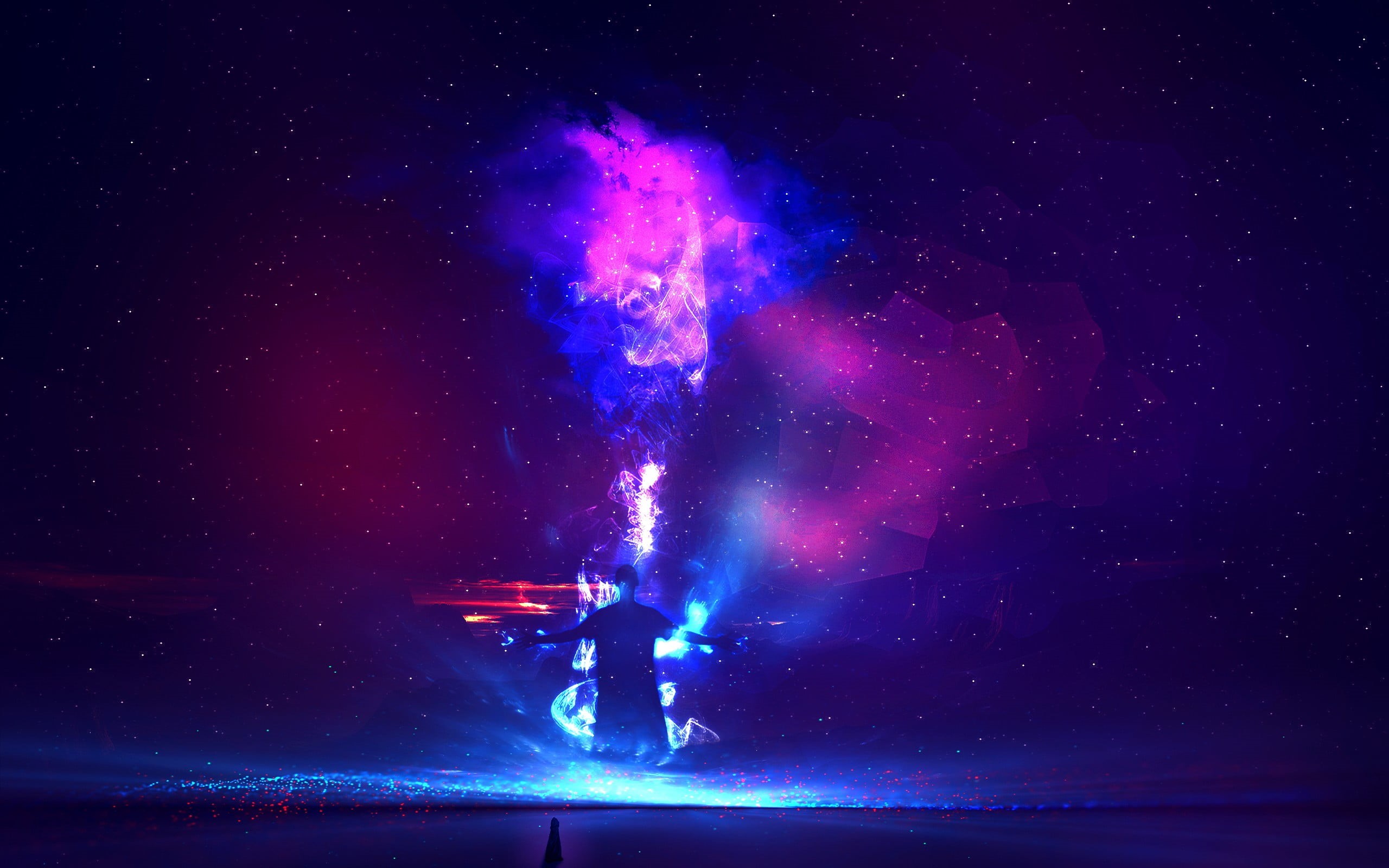 people, purple, sky, space, unrecognizable person, outdoors, beauty in nature, full length, pink, stars, 2K, smoke, star - space, real people, HD Wallpaper
