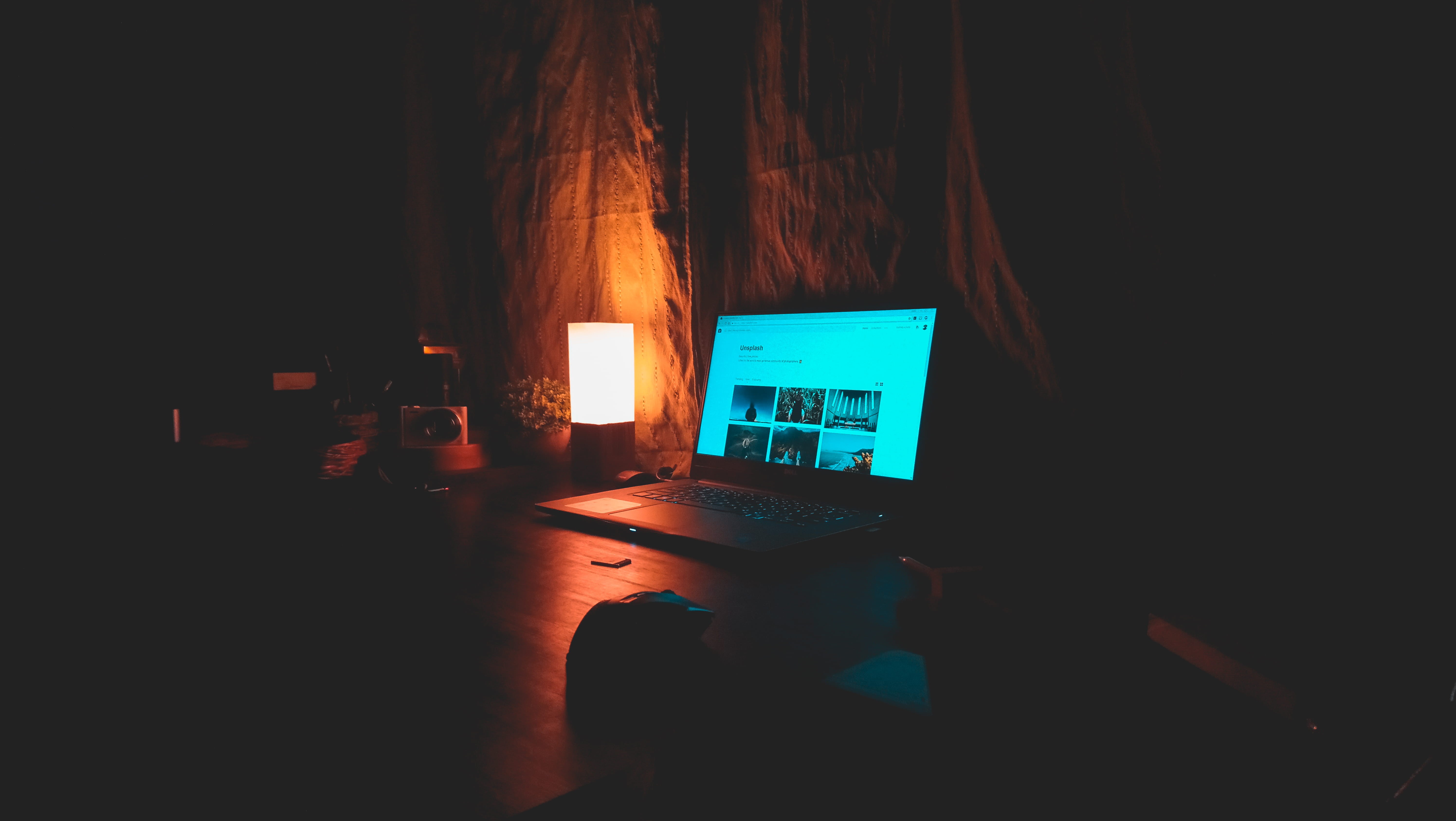 tech, laptop, darkroom, table, connection, no people, aesthetic, wood - material, indoors, 5K, art, lighting equipment, work, light, illuminated, domestic room, HD Wallpaper