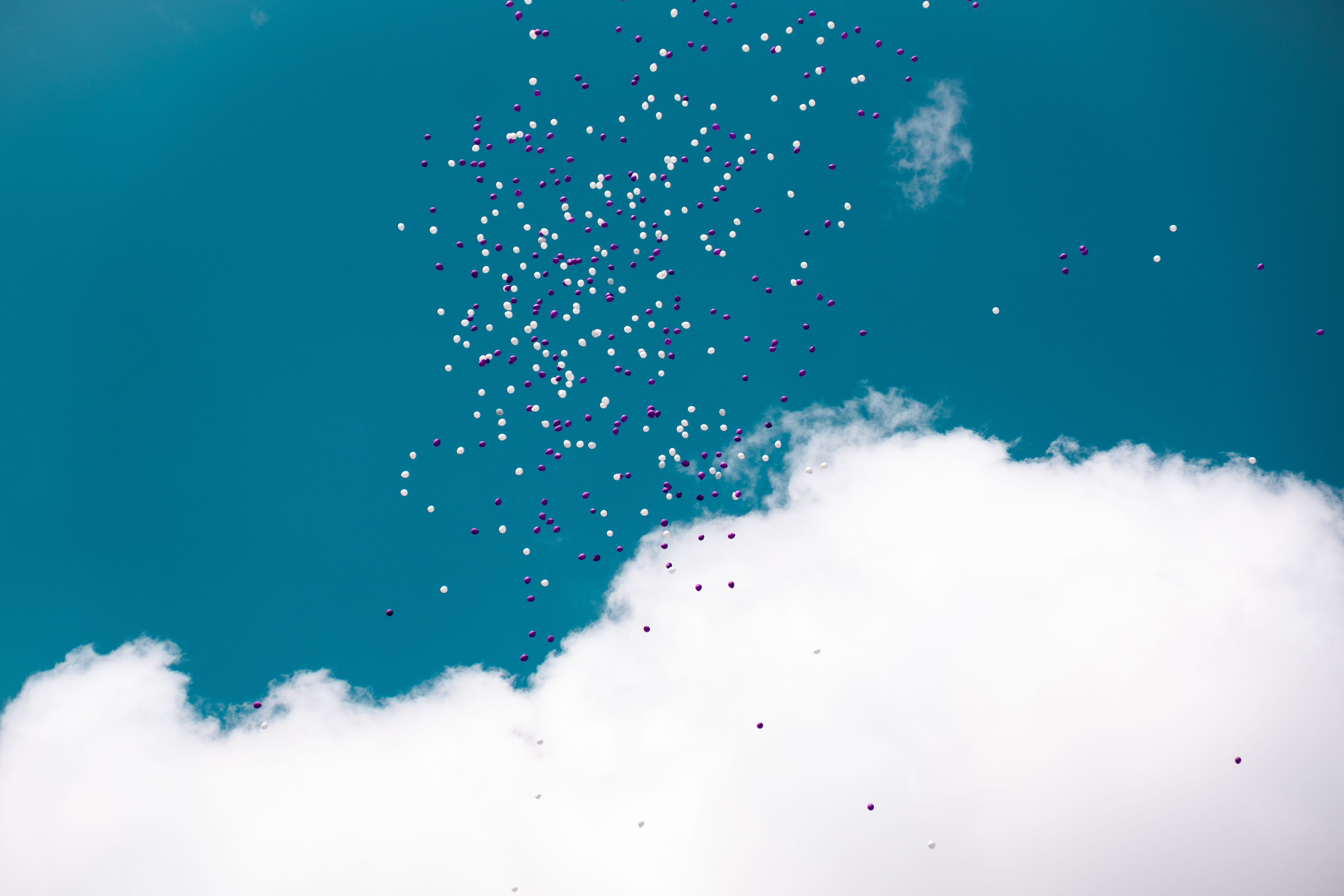 balloon, creativity, water, 5K, sky, splashing, daytime, architecture, poster, blue, flying, clouds, confetti, art, outdoors, flyer, paper, advertisement, HD Wallpaper