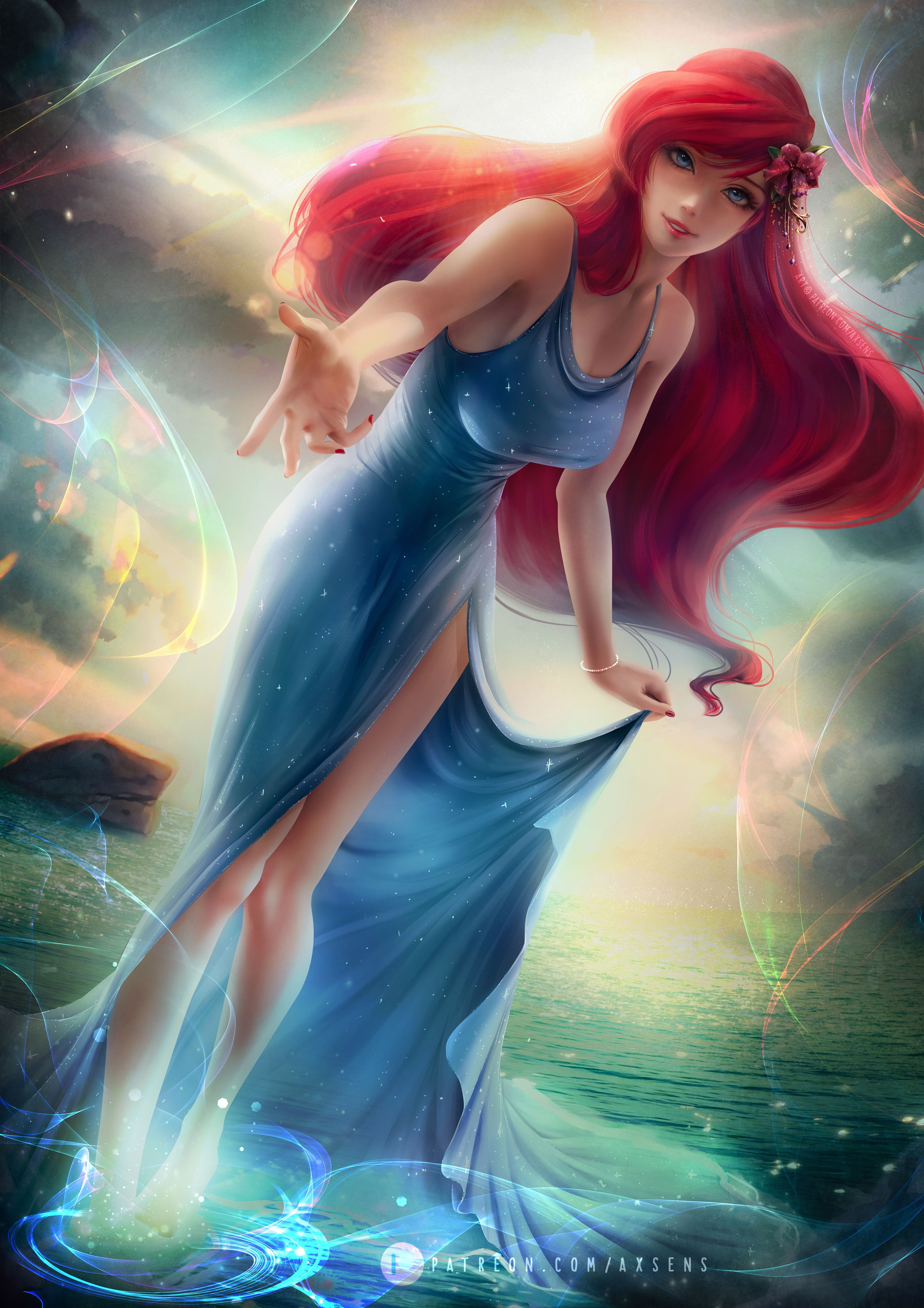 blue dress, fan art, drawing, women, long hair, 4K, redhead, artwork, The Little Mermaid, axsens, digital art, Disney princesses, illustration, Disney, Phone HD Wallpaper