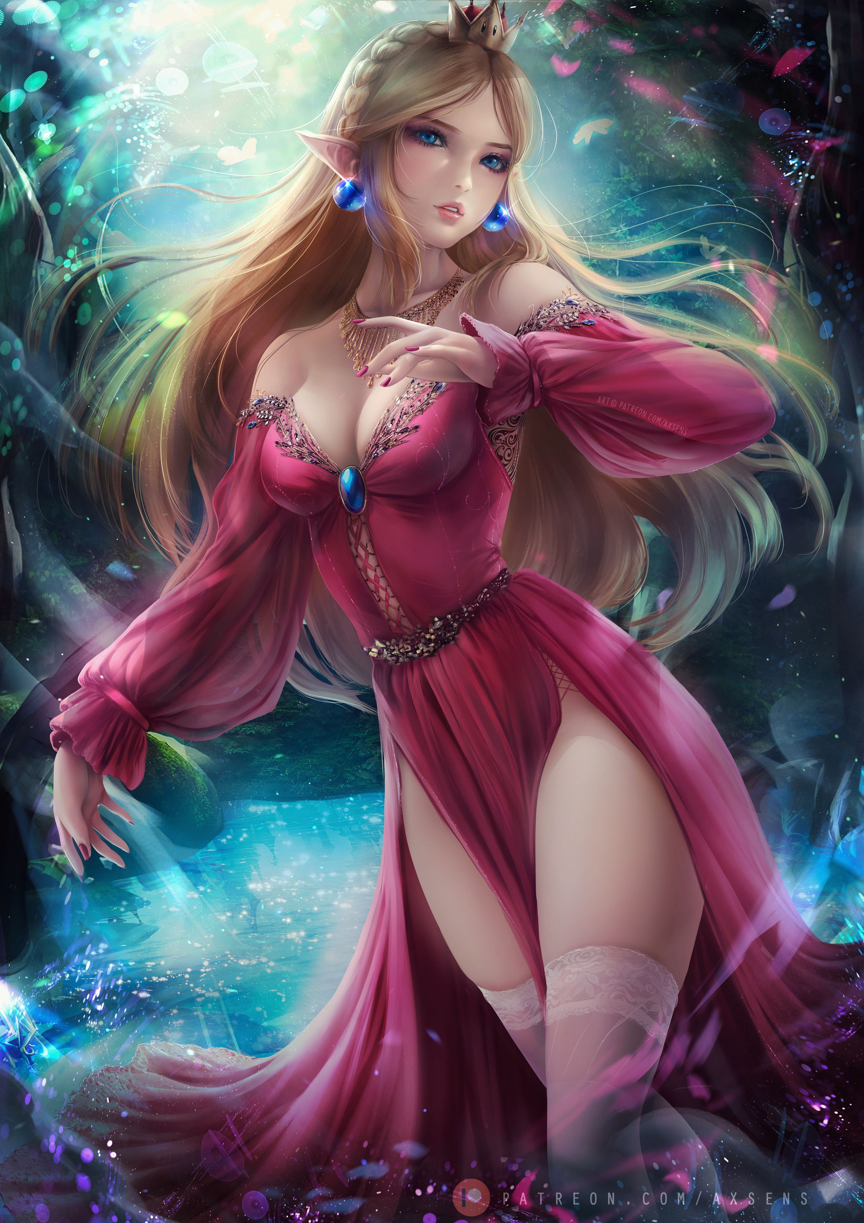 fan art, drawing, Peach, The Legend of Zelda, axsens, Zelda, artwork, illustration, long hair, blonde, digital art, 4K, crossover, mario (series), Phone HD Wallpaper