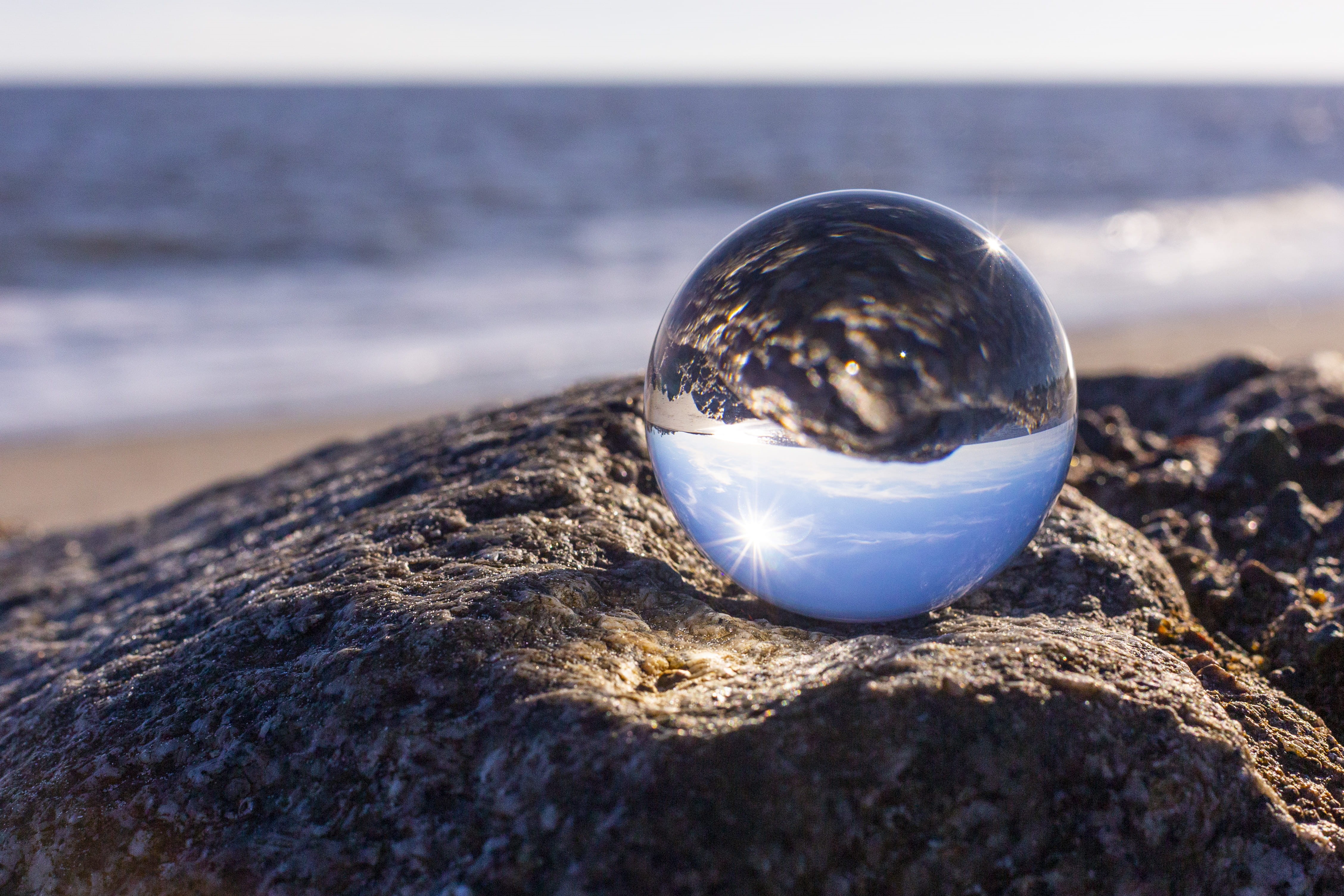 outdoors, sea, scenics - nature, close-up, sphere, lensball, water, beach, single object, forecasting, rock - object, 4K, land, rock, sky, glass - material, HD Wallpaper