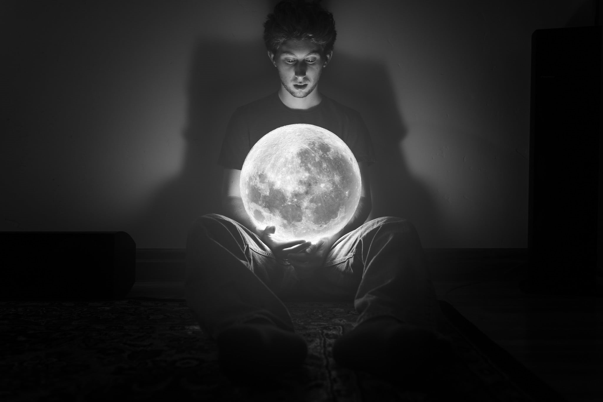 levitation, sphere, front view, fortune telling, spooky, dark, one person, mystery, 1080P, glowing, contemplation, men, adult, Moon, lighting equipment, HD Wallpaper