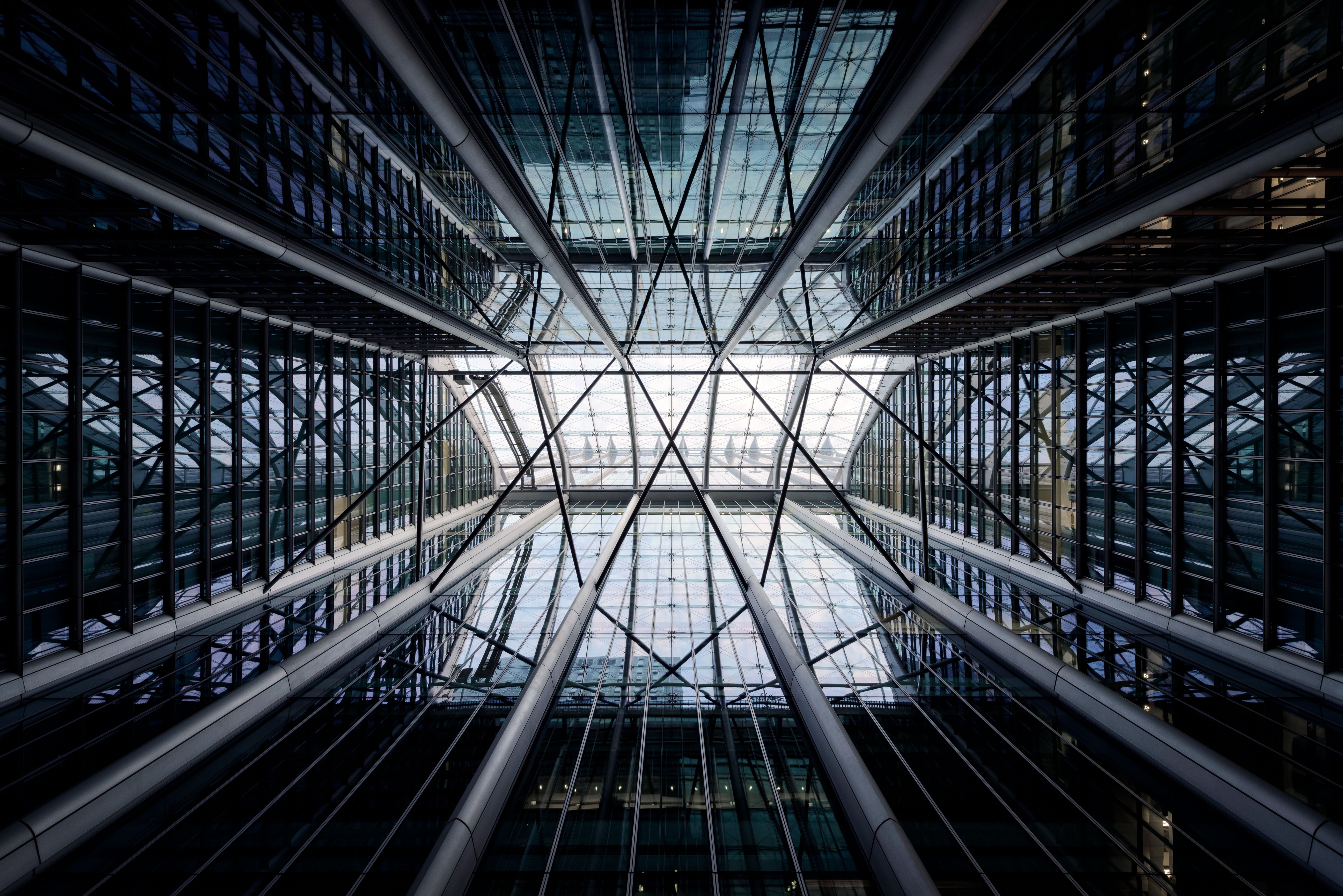 glass - material, skylight, city, glass, tall - high, 5K, sunlight, pattern, steel, modern, no people, indoors, skyscraper, structure, building, architectural feature, HD Wallpaper