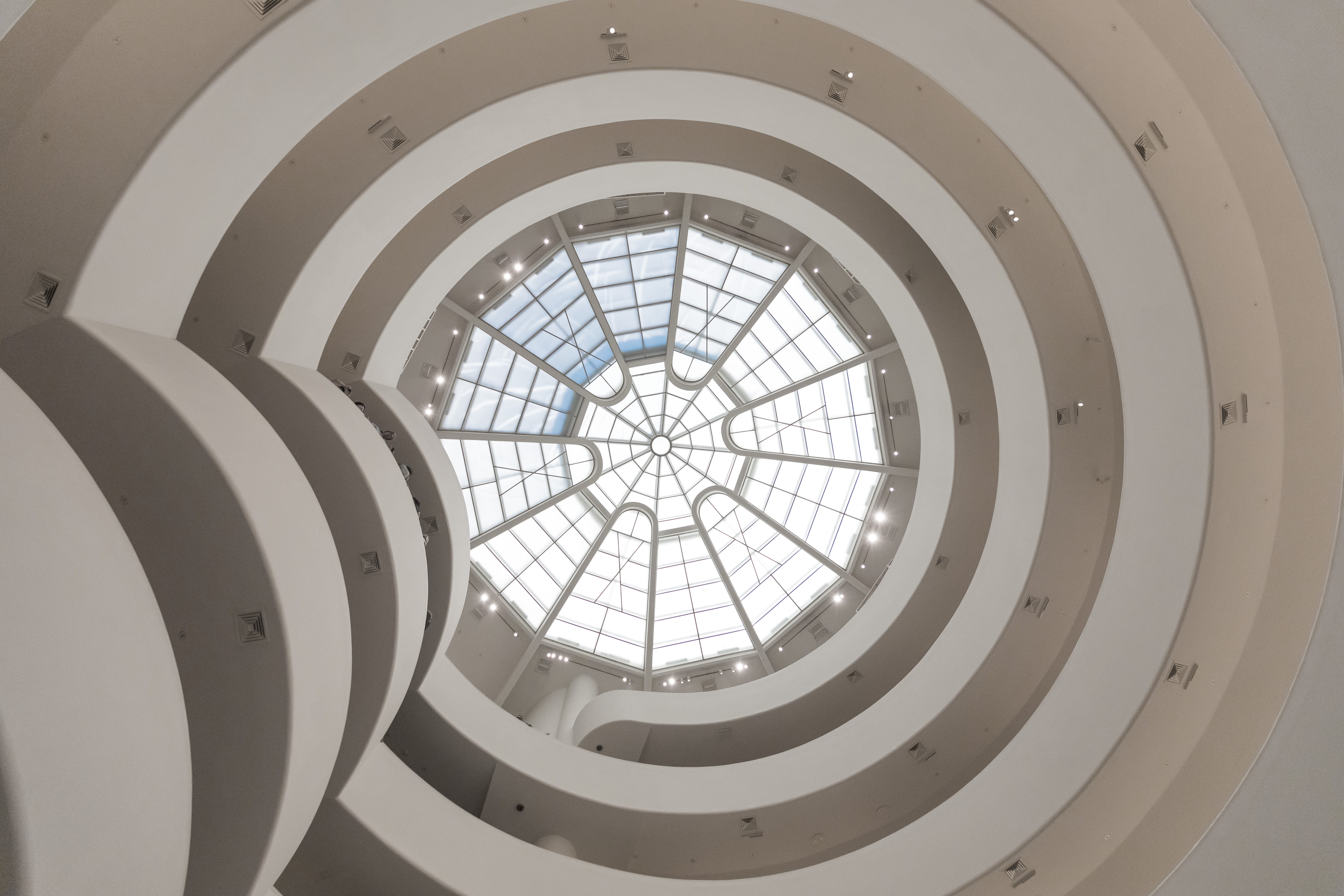 architectural, architecture and art, 5K, sunlight, new york, directly below, solomon r. guggenheim museum, pattern, design, guggenheim museum, HD Wallpaper