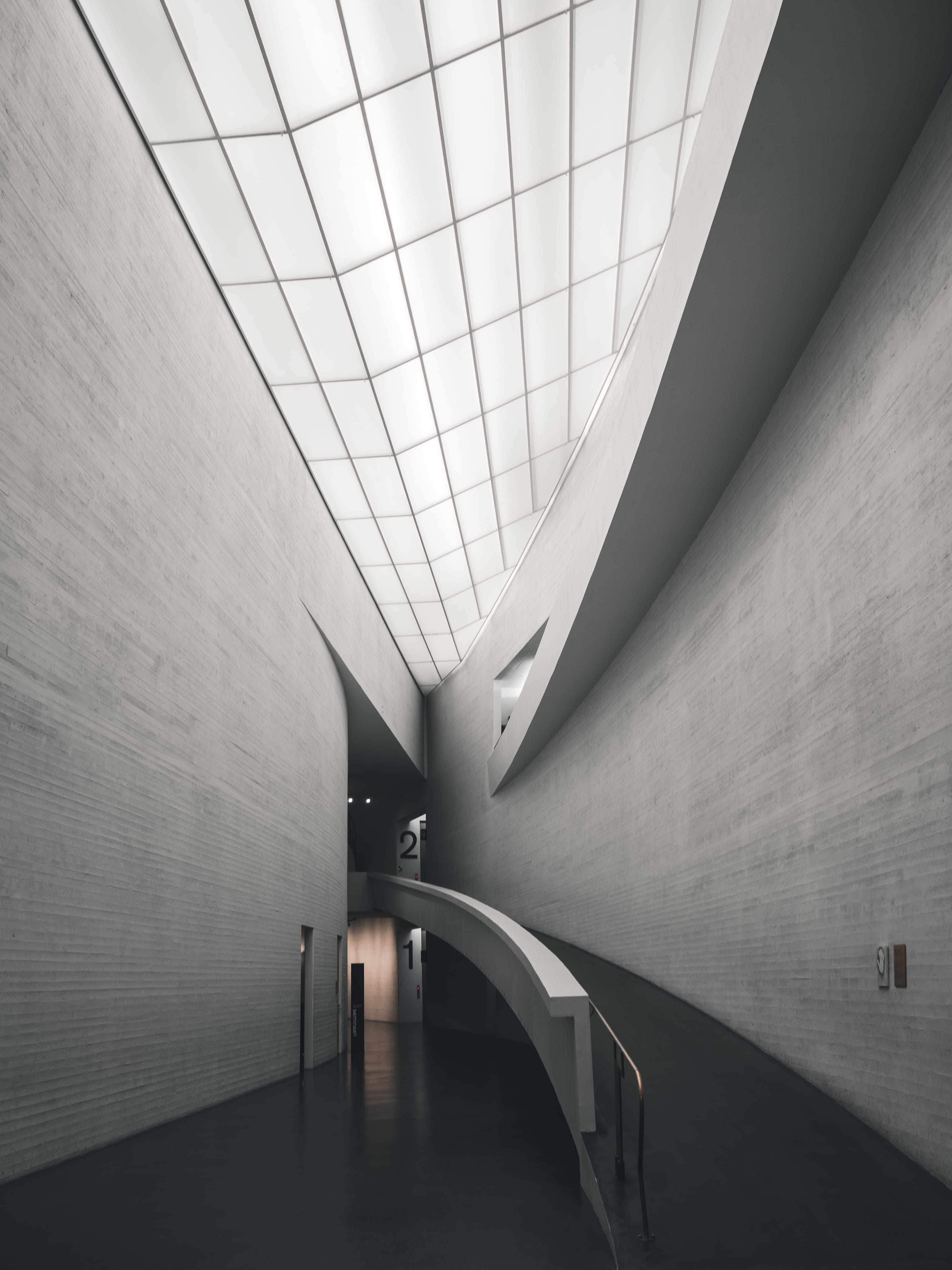 ceiling, flooring, indoors, wall, skylight, empty, day, arcade, travel, helsinki, underpass, white, gray, modern, railing, wall - building feature, 4K, Phone HD Wallpaper