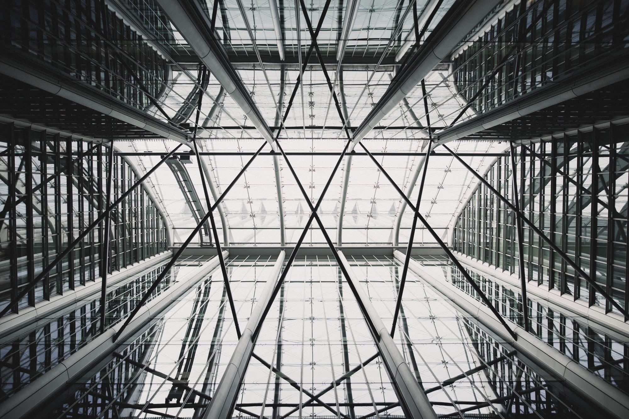 crate, building, architecture, low angle view, full frame, built structure, city, office building exterior, ceiling, metal, design, day, transparent, glass, HD Wallpaper
