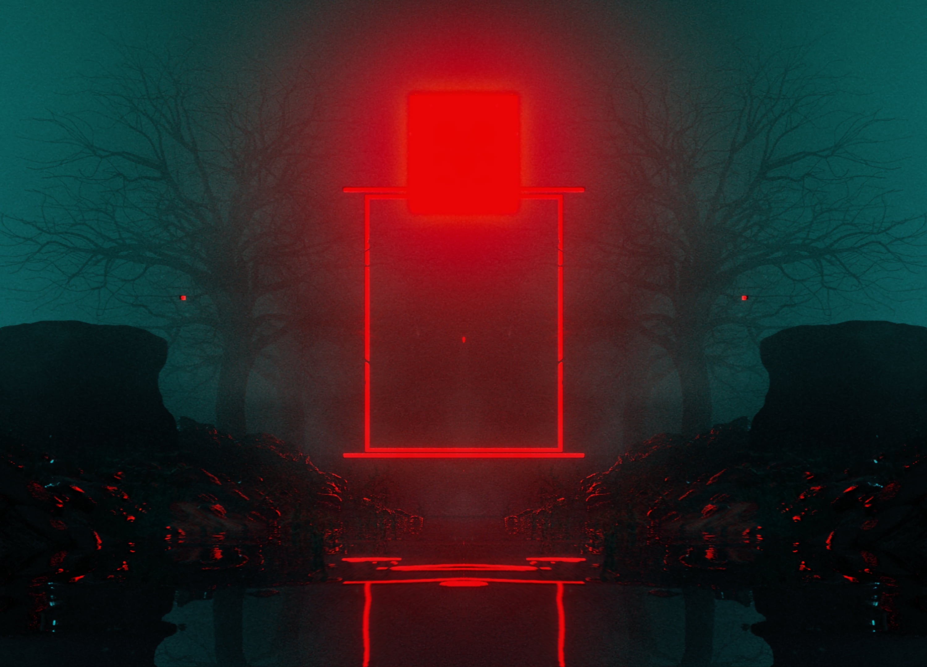 rectangle, grave, red, digital composite, outdoors, nature, pattern, neon, illuminated, spooky, tree, death, built structure, wall - building feature, HD Wallpaper