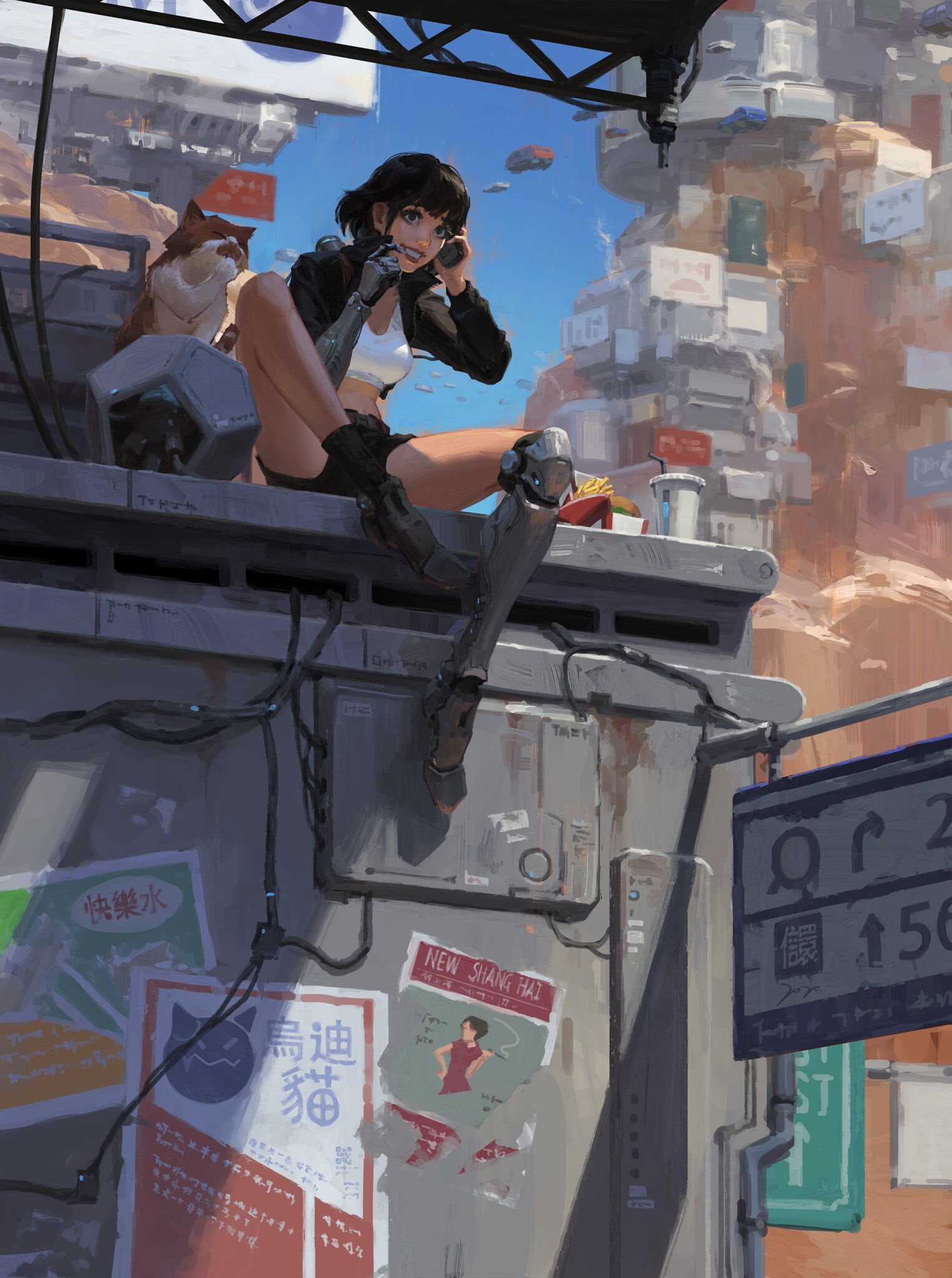 desert, women, flying car, feline, Kan Liu, cybernetics, wasteland, 1080P, fast food, futuristic, Phone HD Wallpaper