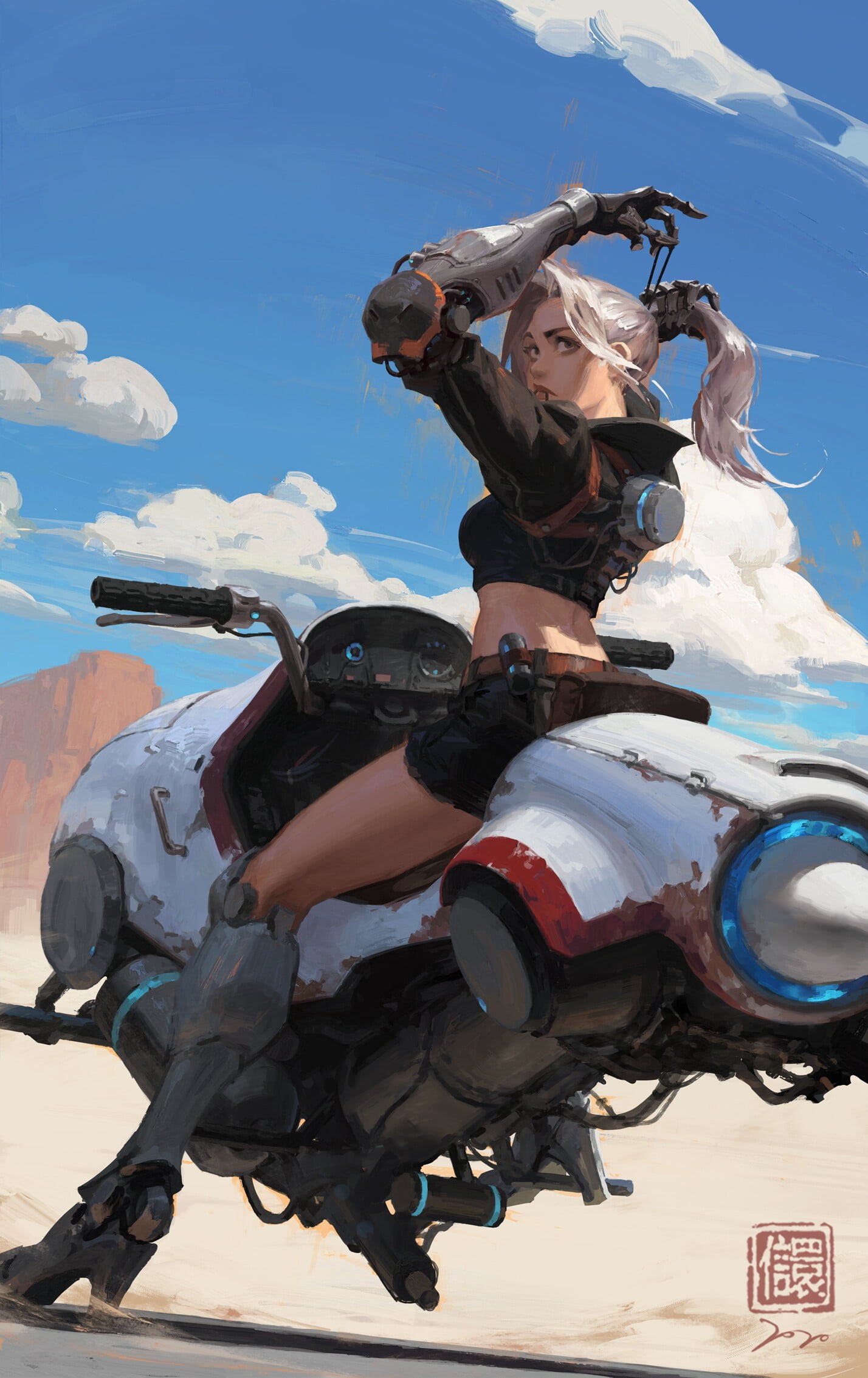 1080P, women, ponytail, cybernetics, desert, biker, wasteland, character design, bikes, science fiction, Phone HD Wallpaper