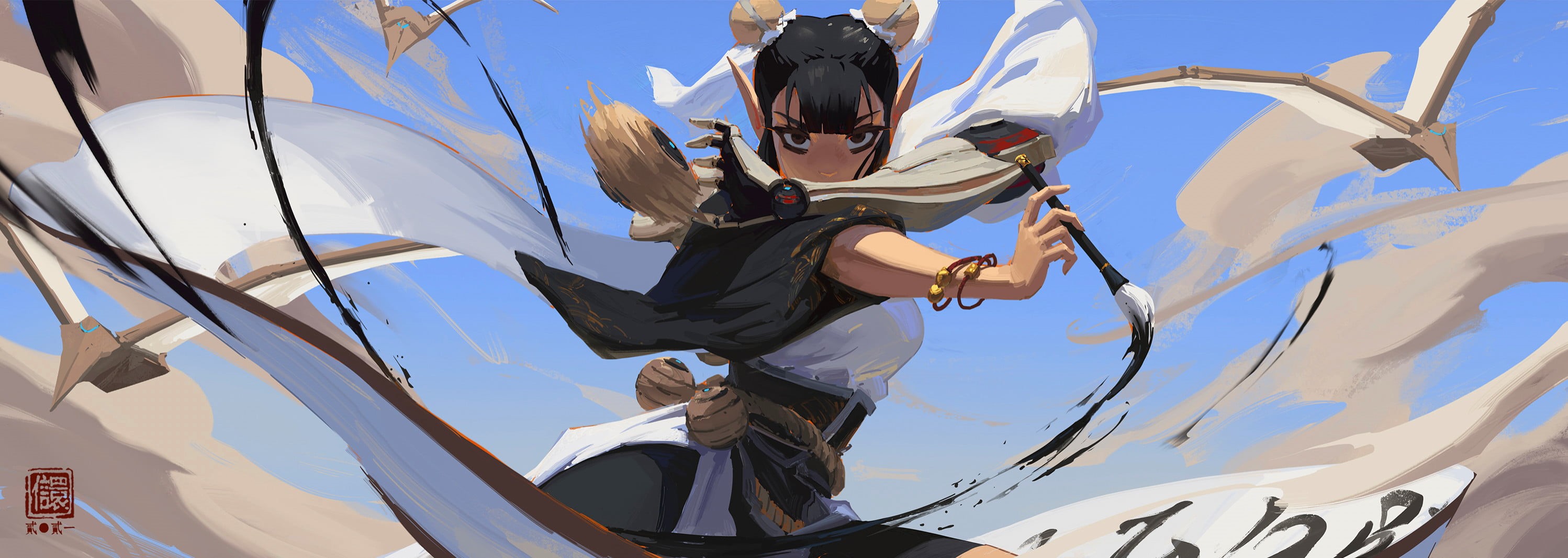 paint brushes, ropes, eastern, character design, women, ink, 2K, scrolls, Kan Liu, cybernetics, HD Wallpaper