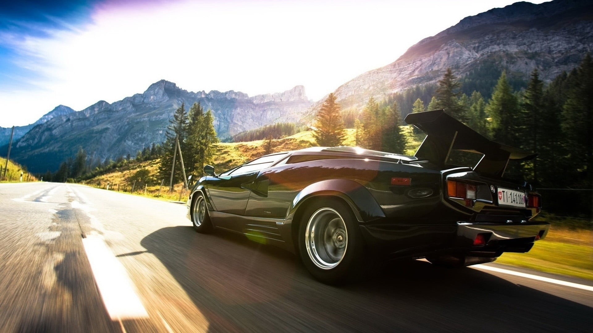 Lamborghini Countach, mountain, speed, mountain range, beauty in nature, sunlight, motion, motor vehicle, transportation, car, Countach, day, mode of transportation, HD Wallpaper