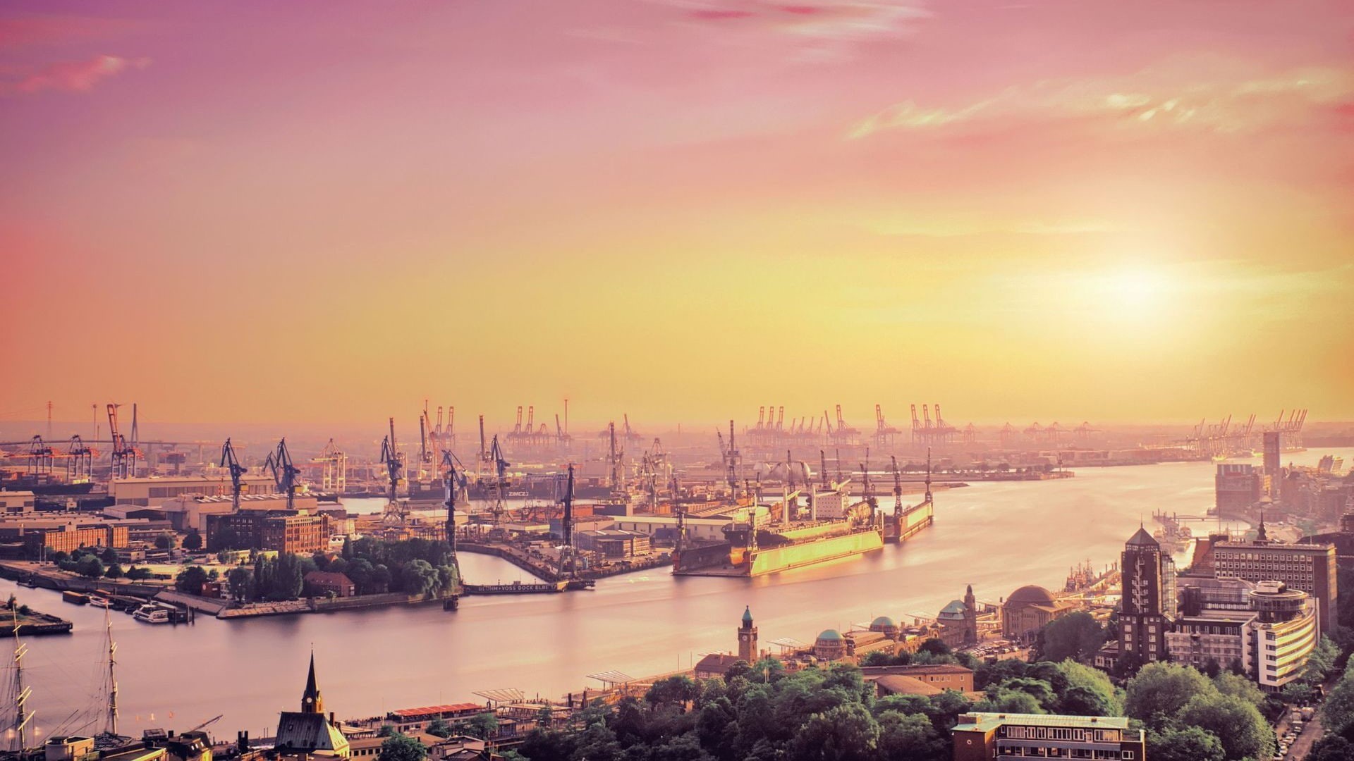building, nautical vessel, city, nature, outdoors, travel destinations, cranes (machine), architecture, building exterior, Hamburg, sunset, built structure, HD Wallpaper