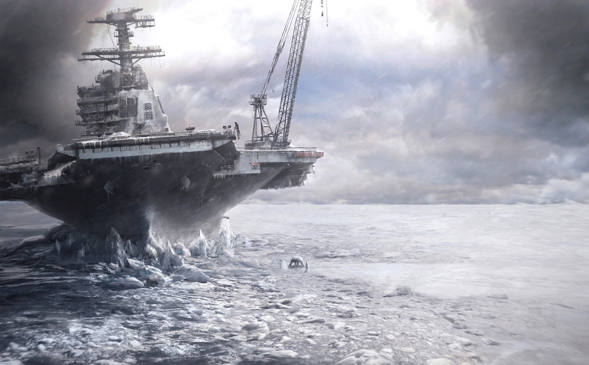 ice, polar bears, cranes (machine), Viktor Póda, clouds, 1080P, Arctic, battleships, digital art, frost, HD Wallpaper
