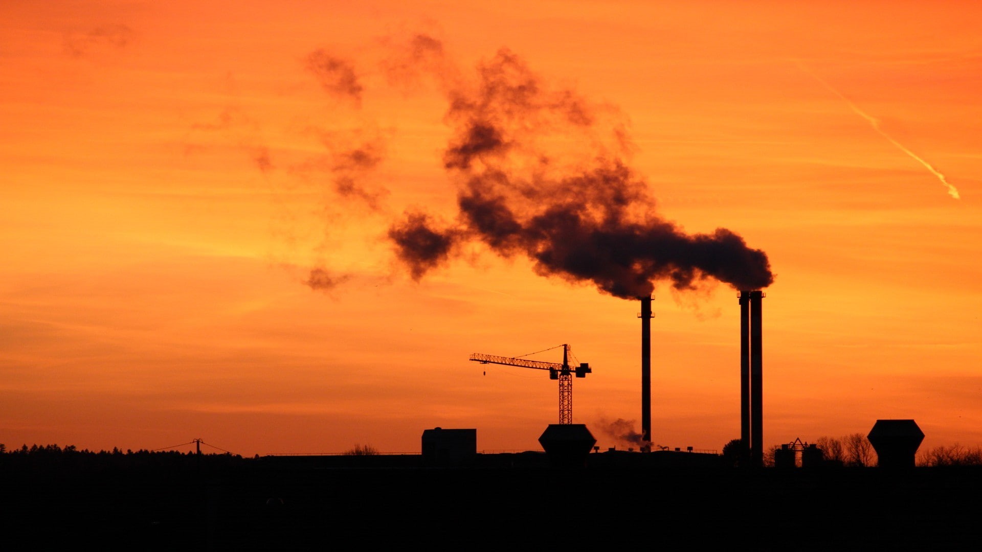 smoke, factory tubes, cranes (machine), 1080P, silhouette, sunrise, HD Wallpaper
