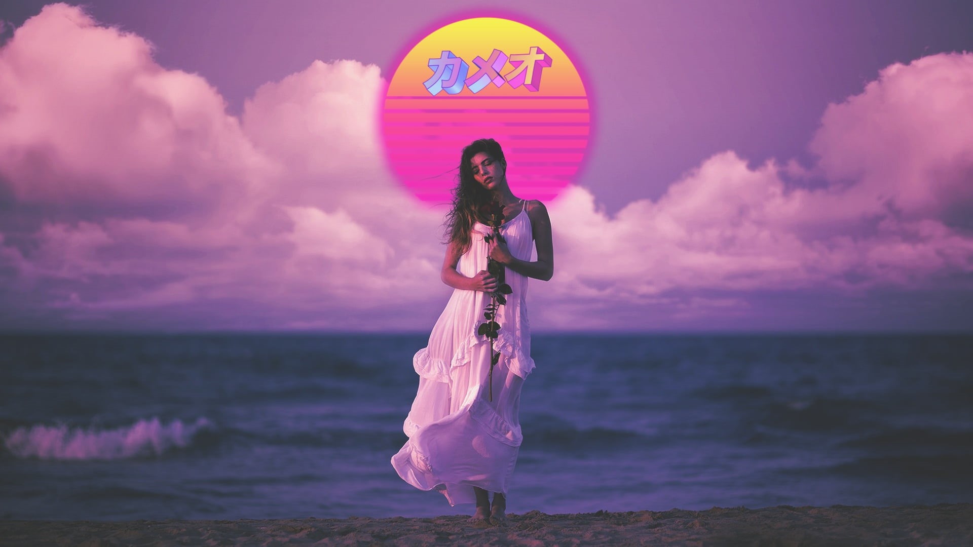Music, Beach, Rose, Darkwave, Synth, Girl, 1080P, Synth-pop, Synth pop, Synthpop, Sea, Synthwave, Retrowave, Dress, HD Wallpaper