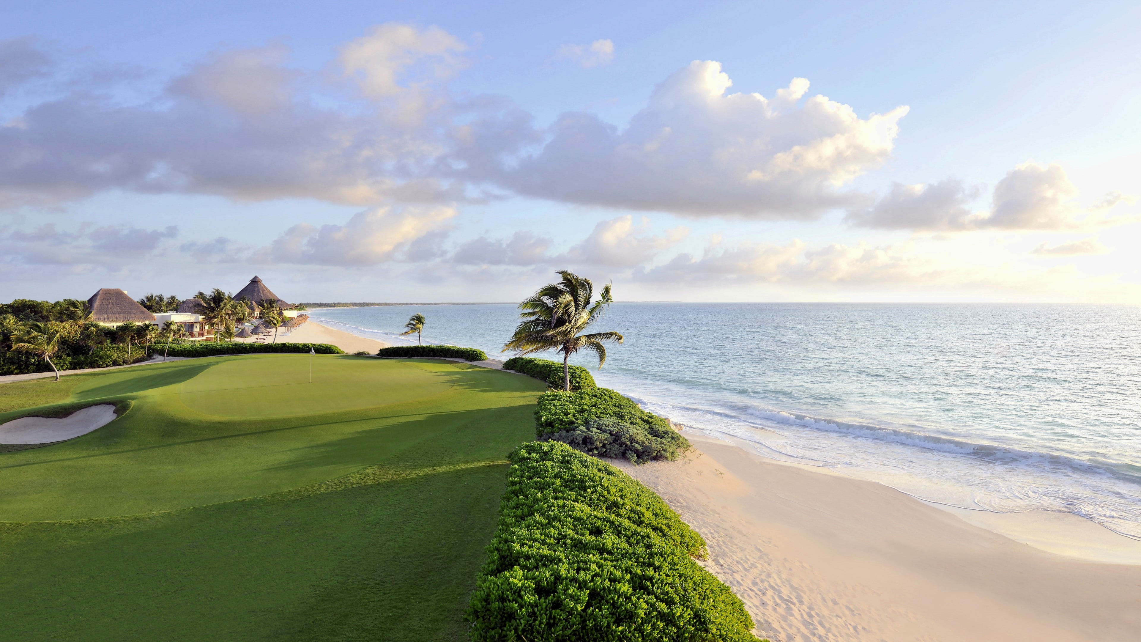 palm trees, sea, clouds, water, nature, horizon, beach, landscape, windy, Mexico, 4K, golf course, house, sunlight, sand, field, grass, HD Wallpaper