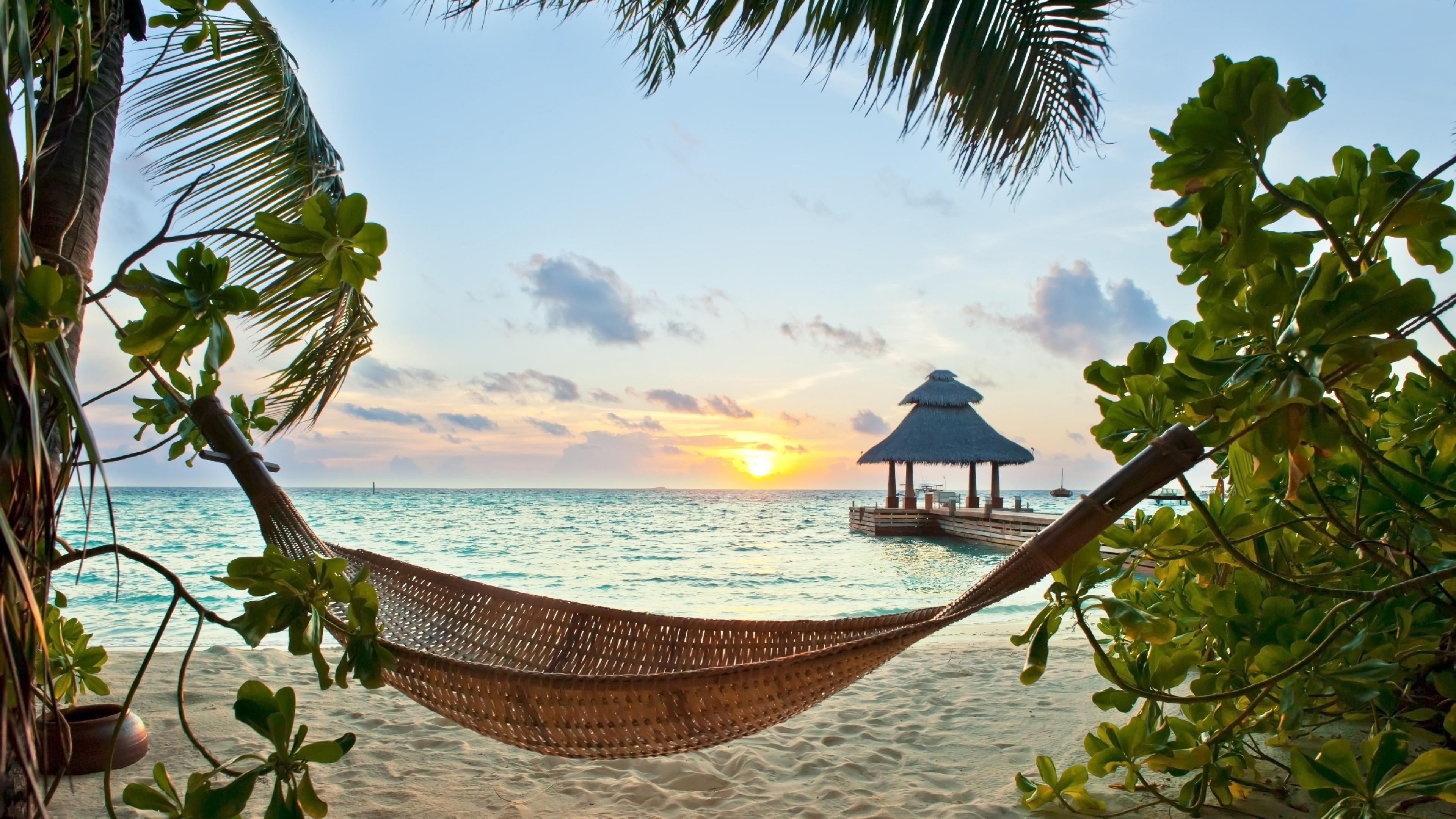 land, tropical climate, beauty in nature, leisure, resort, tropics, no people, sunrise, palm leaf, vacation, tranquil scene, ocean, exotic, tranquility, HD Wallpaper