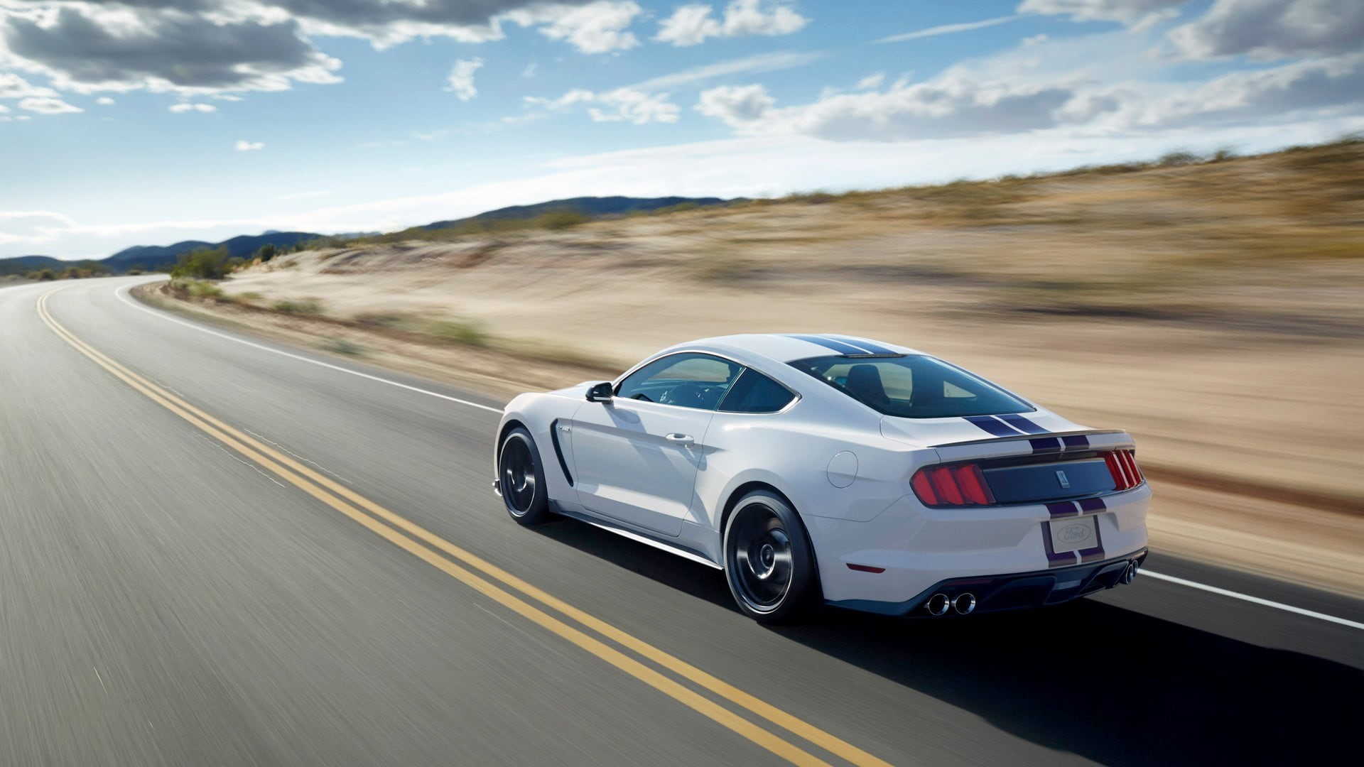 transportation, car, motion blur, motor vehicle, white, nature, road, 1080P, coupe, cloud - sky, speed, road trip, marking, day, motion, Shelby GT350, HD Wallpaper