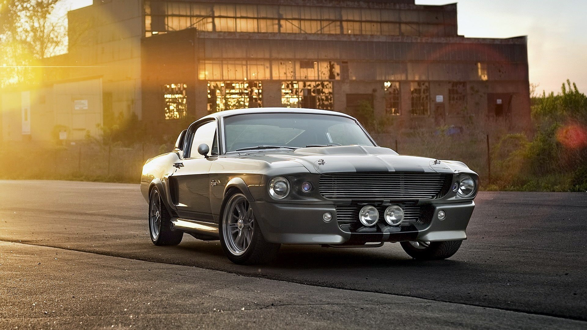 gray, sunlight, vintage car, 1080P, Shelby GT, street, mode of transportation, coupe, building exterior, outdoors, architecture, day, Ford Mustang, city, HD Wallpaper