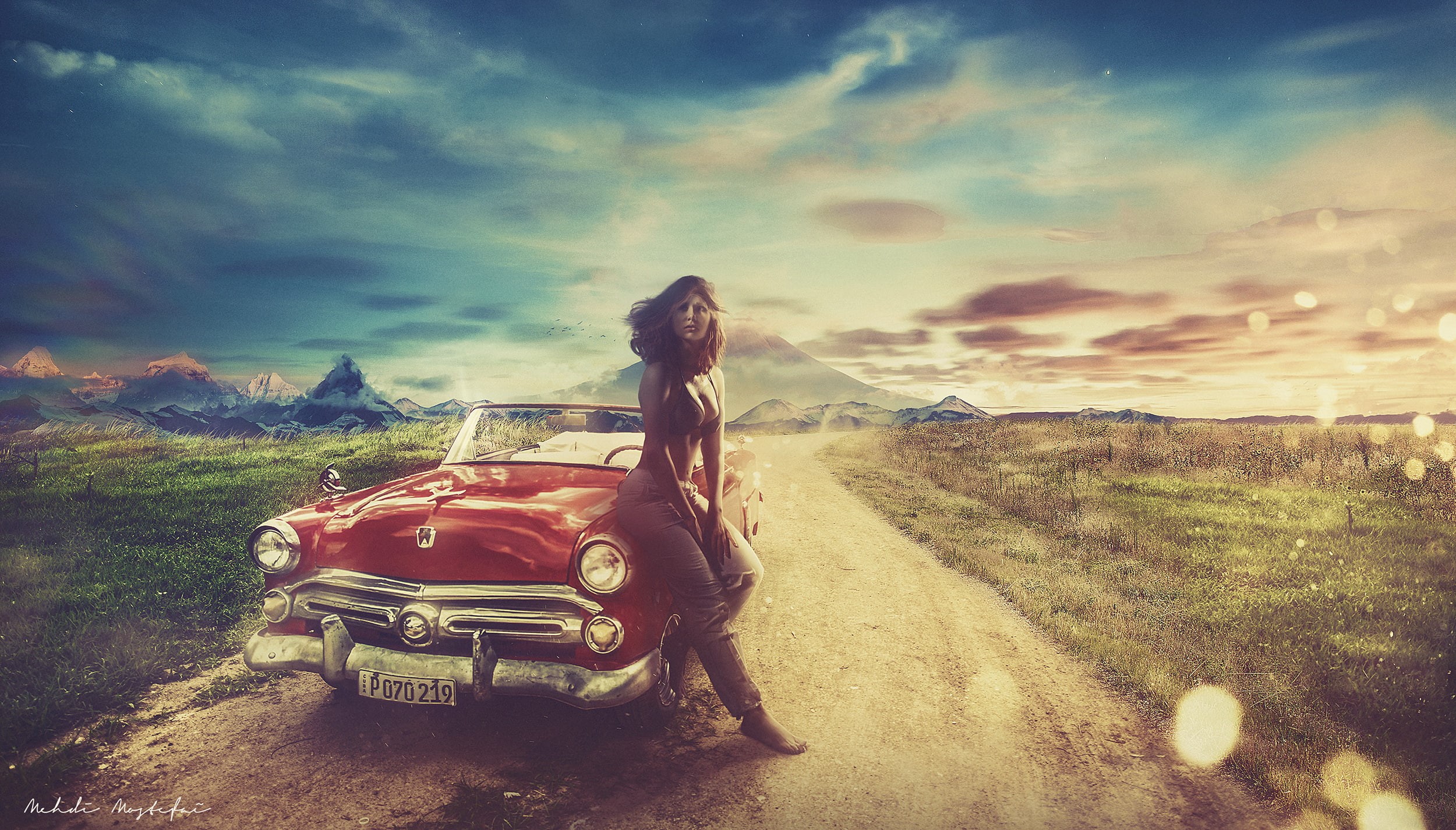 car, Landscape, nature, 1080P, land, transportation, travel, adventure, cloud - sky, standing, freedom, road, road trip, Hot girl, sky, women, motor vehicle, HD Wallpaper