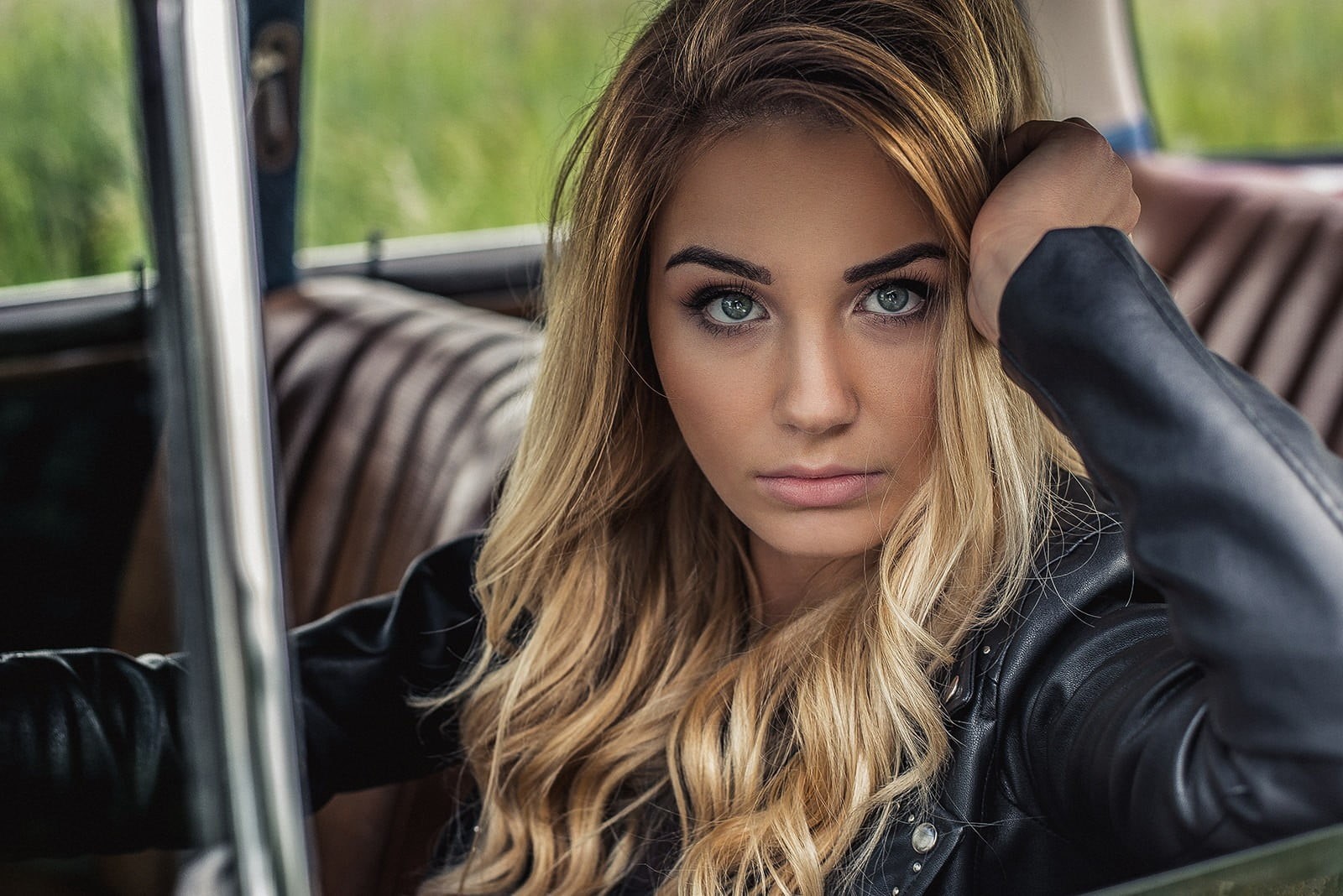 car, blonde, transportation, hairstyle, adult, beautiful woman, leather jacket, looking at camera, hair, blond hair, beauty, front view, motor vehicle, HD Wallpaper